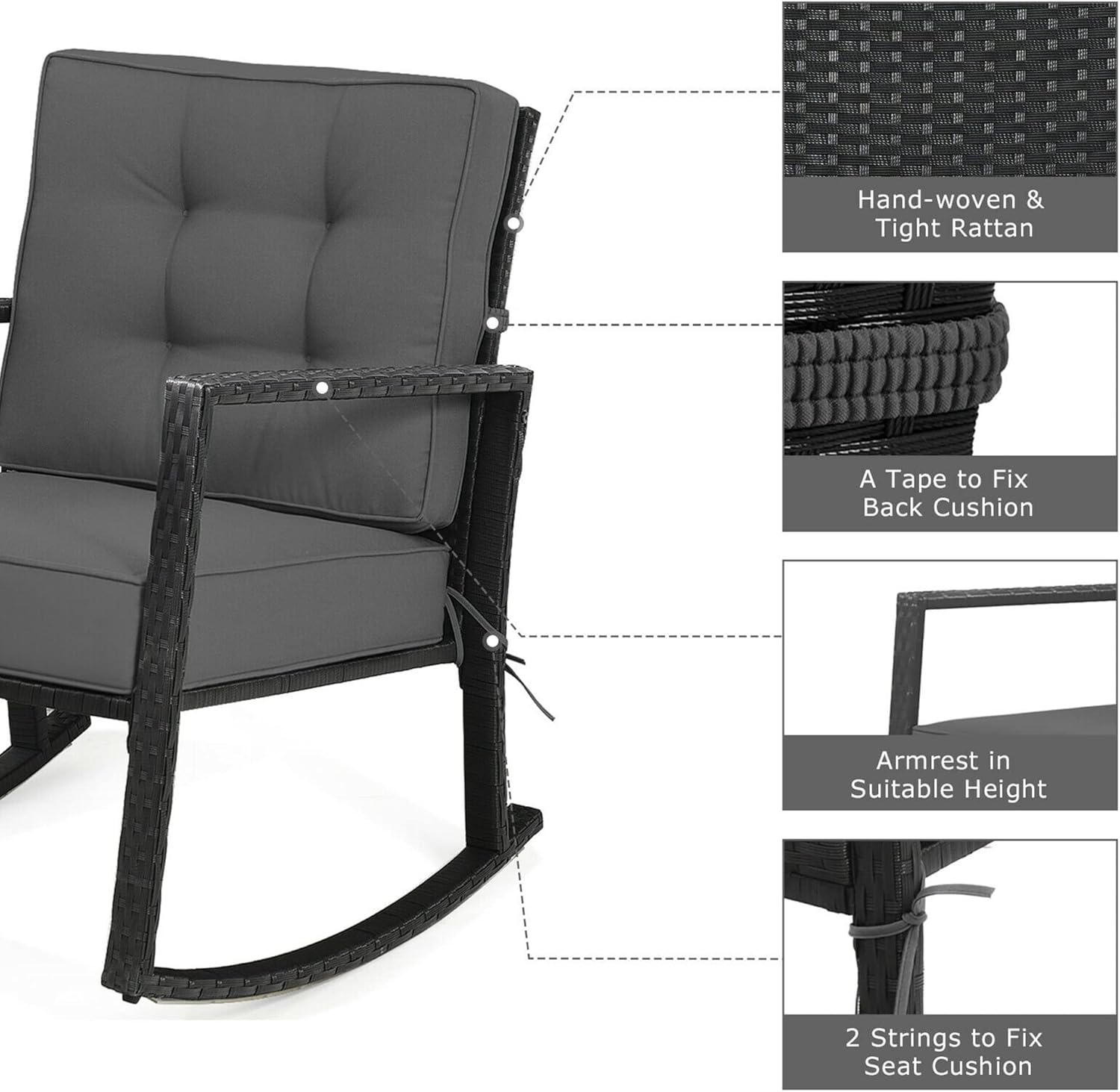 DORTALA 2 Pieces Rattan Rocking Chair, Outdoor Glider Wicker Chair with Heavy-Duty Steel Frame, Patio Wicker Furniture Seat with 5" Thick Cushion for Porch, Poolside, Grey