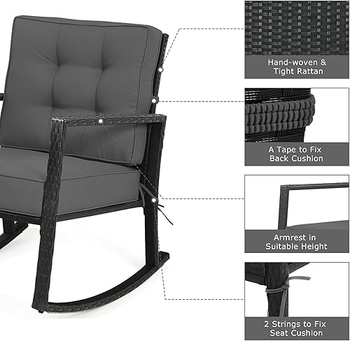 Miniatura 6 de DORTALA Mecedora de ratán de 2 piezas, silla de mimbre para exteriores con marco de acero resistente, asiento de muebles de mimbre para patio con