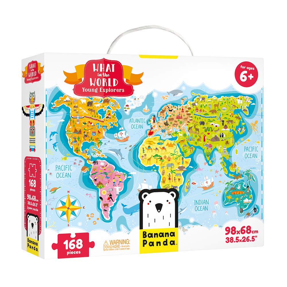 Banana Panda What in the World Young Explorers - 168-Piece Jumbo Floor Puzzle for Kids | Educational World Map with Animals, Plants & Landmarks | 6+