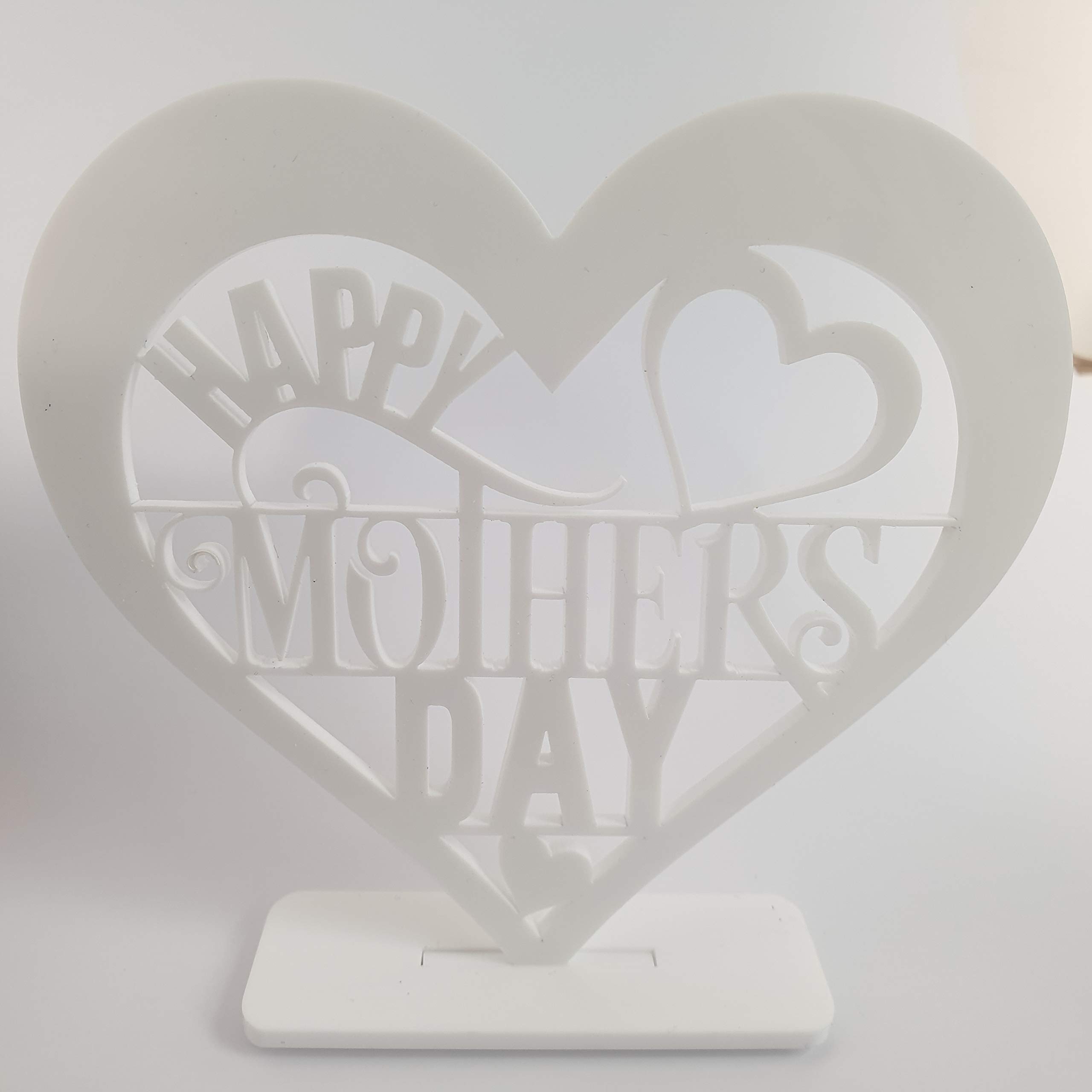 Media Replication Happy Mummy Wooden Heart Plaque Freestanding Love Sign Wood Mirror Home Deco Auntie Grandma Nanny Best Mum (Happy Mothers Day, White Acyrlic)