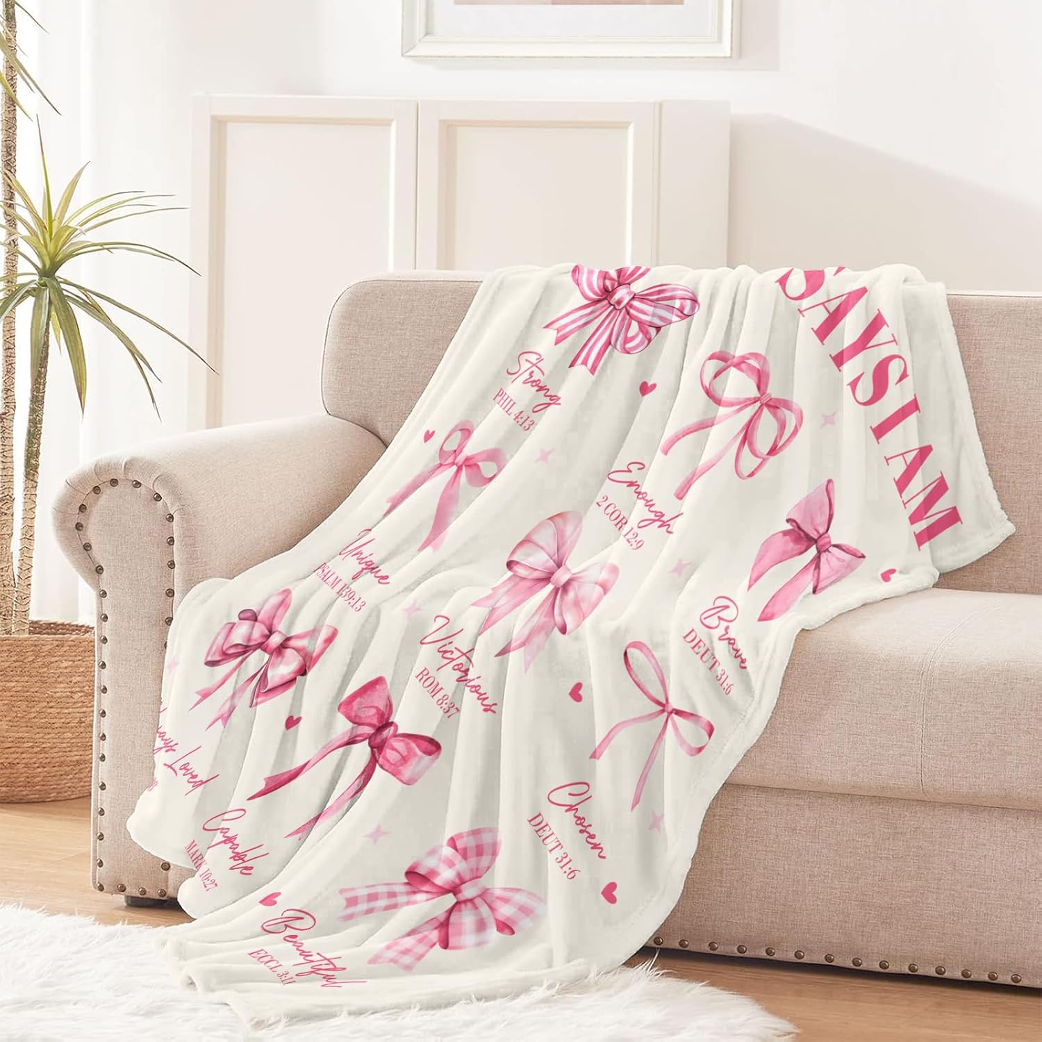 Christian Gifts for Women, God Says I Am Throw Blanket 50"X60", Inspirational Religious Birthday Gifts for Coquette Pink Bow Bible Verse Blanket, Christian Faith Jesus God Prayer Gift for Christmas - Image 2