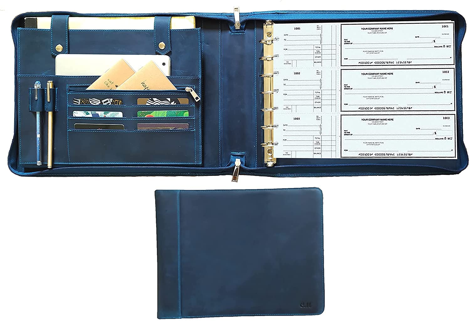 Business 7 Ring Check Book Binder, 600 Checks Capacity for 9" x 13" Sheets, Leather Portfolio Storage Organizer for Men
