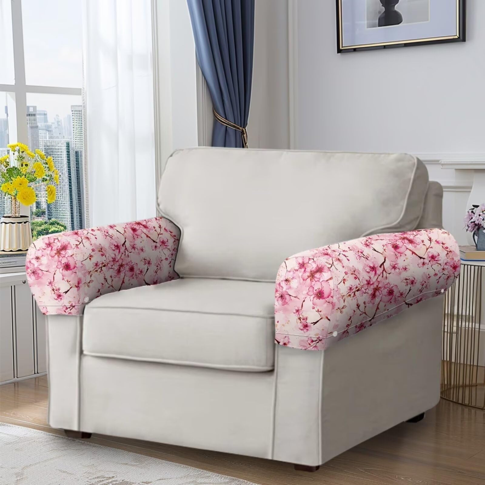 Pink Floral Couch Arm Covers Armrest Covers for Sofa Set of 2 Soft Furniture Protector Scratch-Resistant Sofa Arm Covers Armchair Slipcovers for Recliner