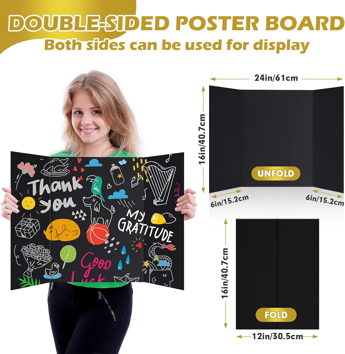 Trifold Poster Board,24 Pack 24" x 16" Black Corrugated Poster Boards,Display Board,Perfect for School Projects, Science Fairs, Event Displays, and Business Presentations