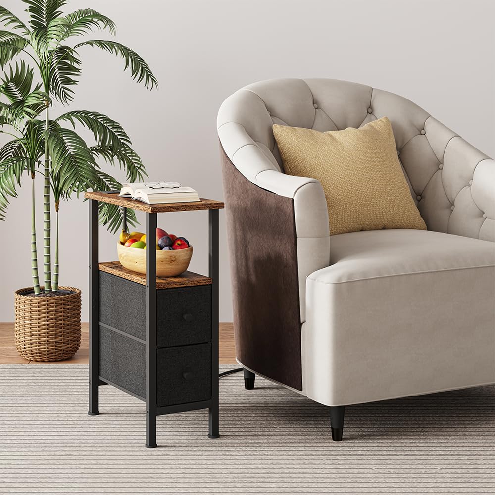 Narrow Side Table for Small Spaces, Skinny End Table with Charging Station, Sofa Beside Table with 2 Drawers 1 Open Compartment, Slim Nightstand with USB Ports Outlet, Rustic and Brown UTBT005FV2