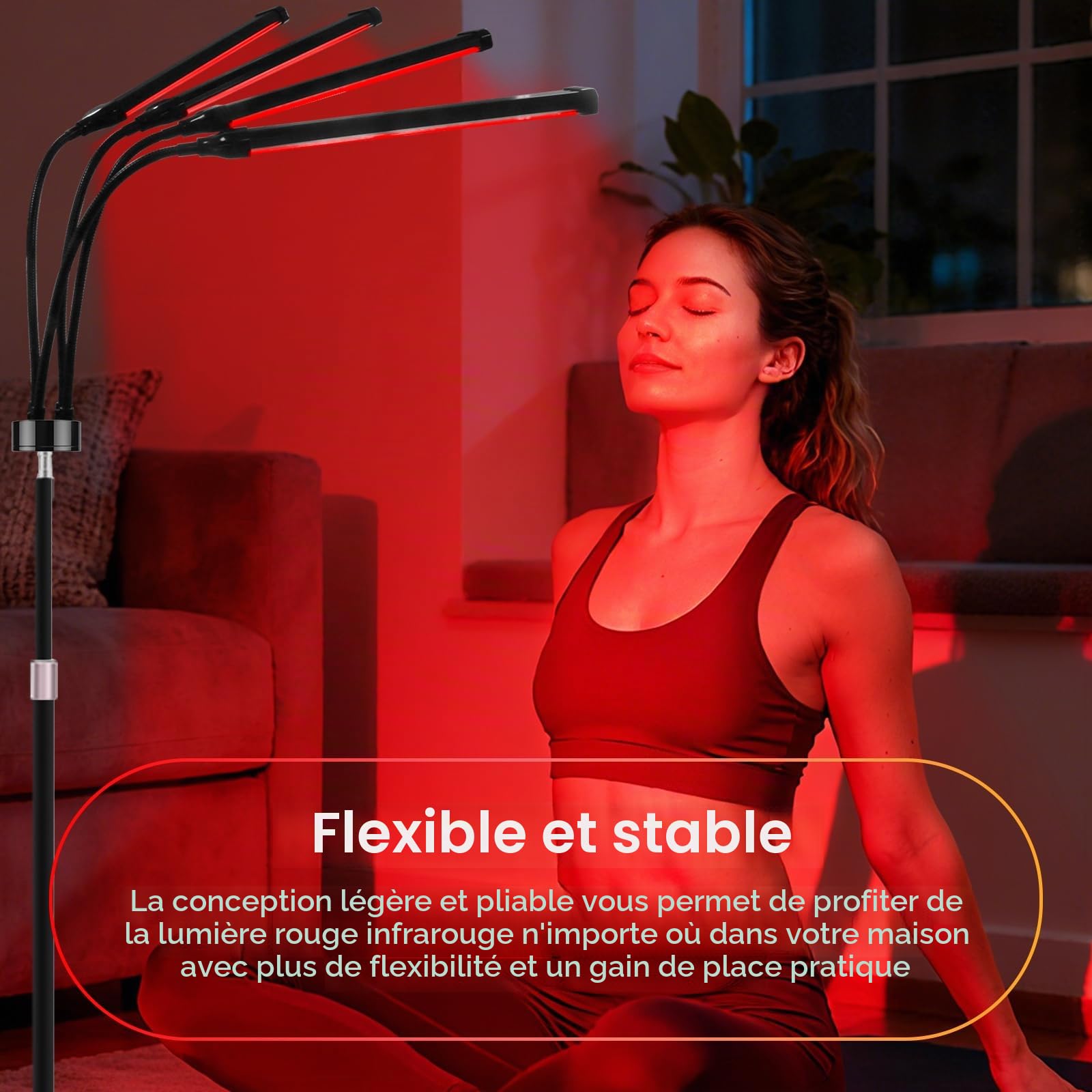 Lampadaire à lumière rouge - Lampe infrarouge avec 660 nm & 850 nm & 940 nm - 3 modes & 5 niveaux de luminosité et minuterie 10/20/30 min - Lumière rouge à 4 têtes pour soulager les douleurs