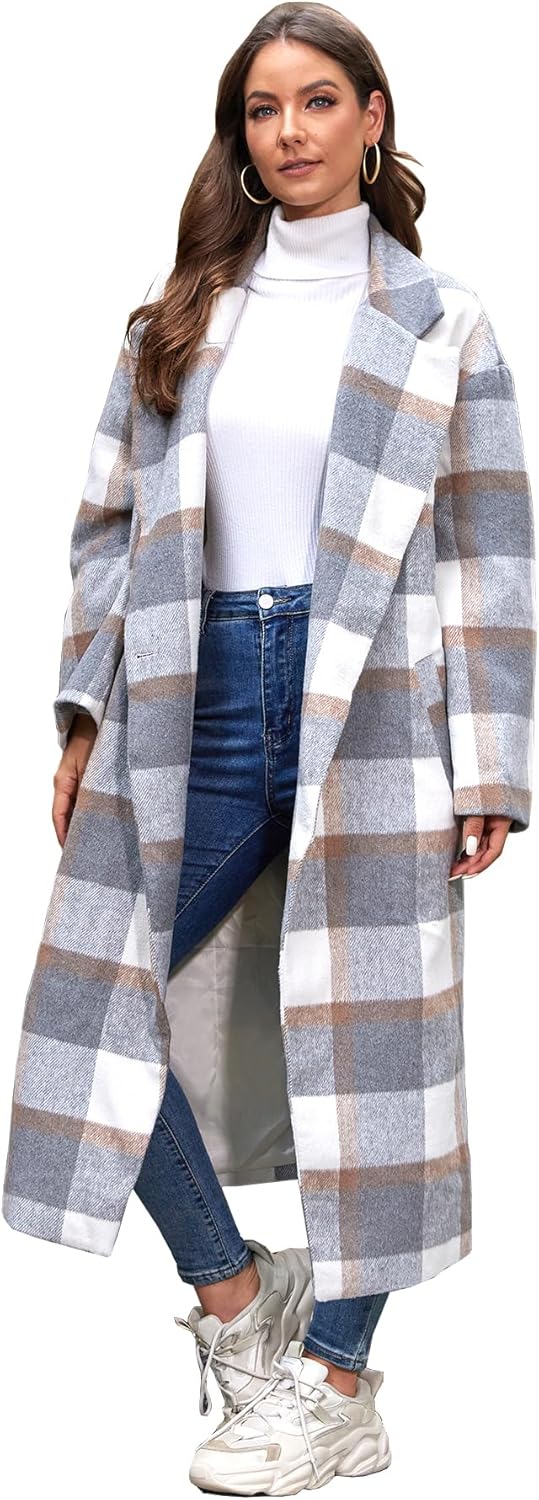 Women's Oversized Plaid Wool Coat Casual Lapel Collar Double Breasted Winter Long Pea Coat with Pockets
