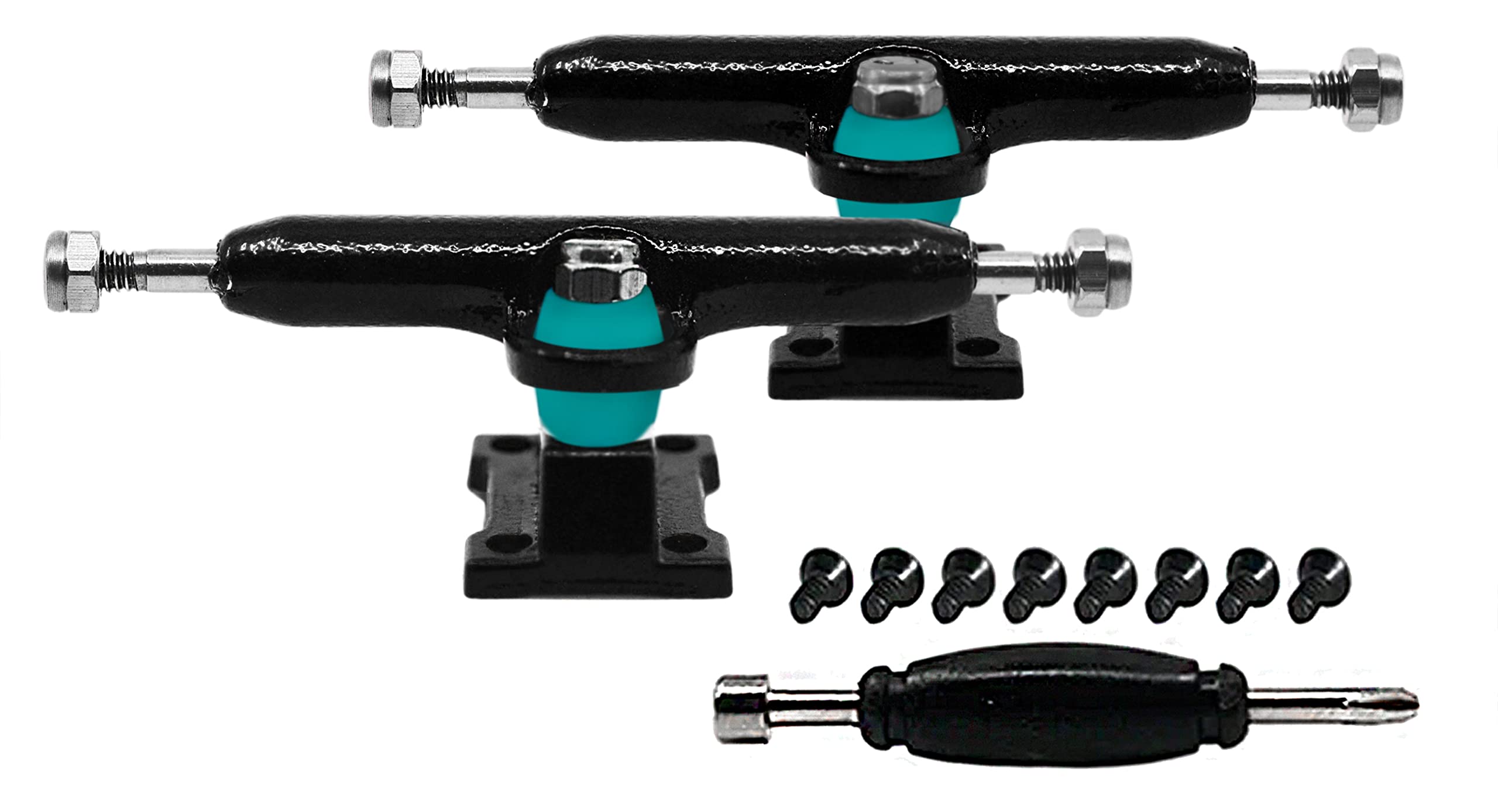 Teak TuningProdigy Fingerboard Trucks with Upgraded Lock Nuts, Midnight Black Colorway - 32mm Wide - Professional Shape, Appearance & Components - Includes Pro Duro 61A Bubble Bushings in Teak Teal