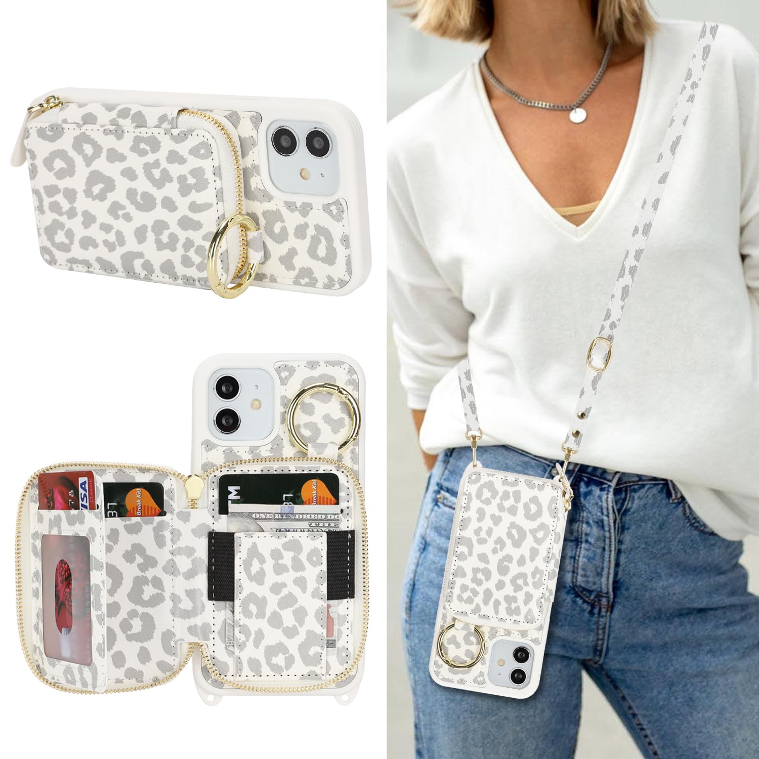 Crossbody Wallet Case for iPhone 12-White Leopard