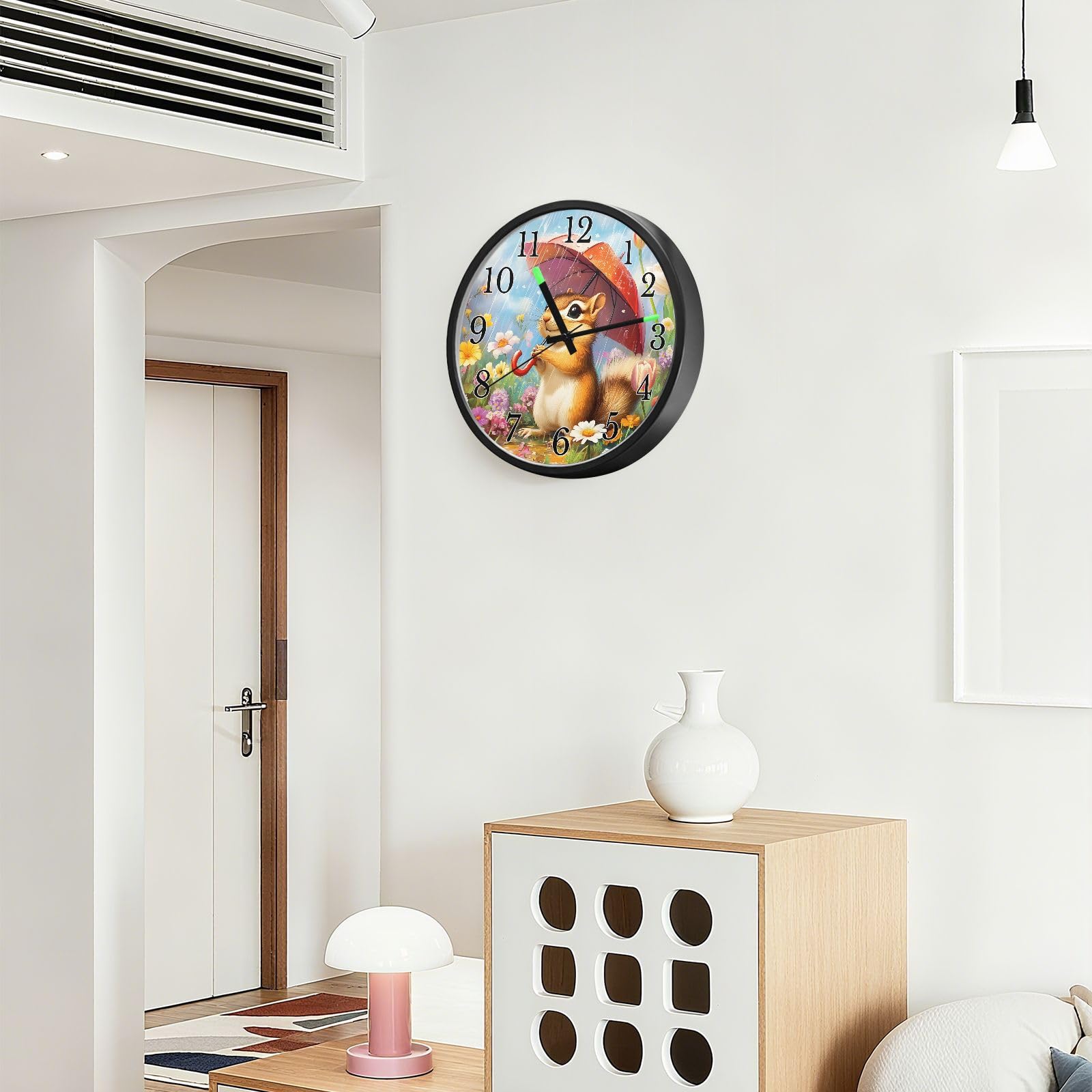 Mnsruu Reloj de pared luminoso con diseño de paraguas y flores, reloj de pared que brilla en la oscuridad, funciona con pilas, silencioso, sin tictac, luz nocturna para dormitorio
