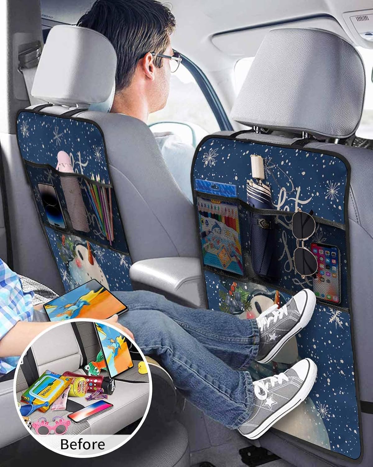 Car Seat Protector, 2 Pack Kick Mats with Organizer - 3 Pocket Storage, Navy Blue Christmas Snowman Snowflake Watercolor Back Seat Cover for Kids Universal Fit Automotive Interior Protectors