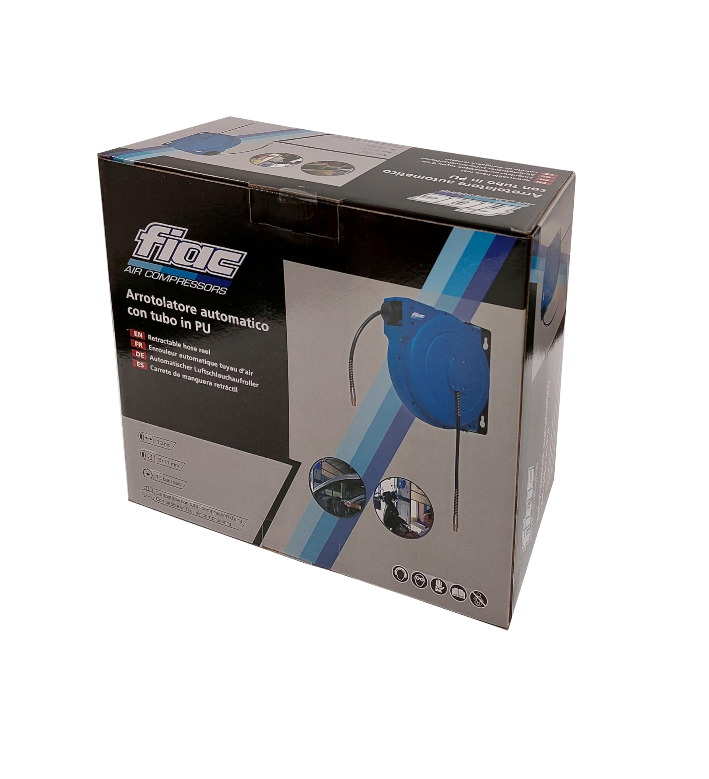 FIAC Avvolgitubo Automatico 2252/1, Tubo in PU da 10 metri, Avvolgitubo con Alloggiamento Girevole a 180°, pressione massima 12 bar