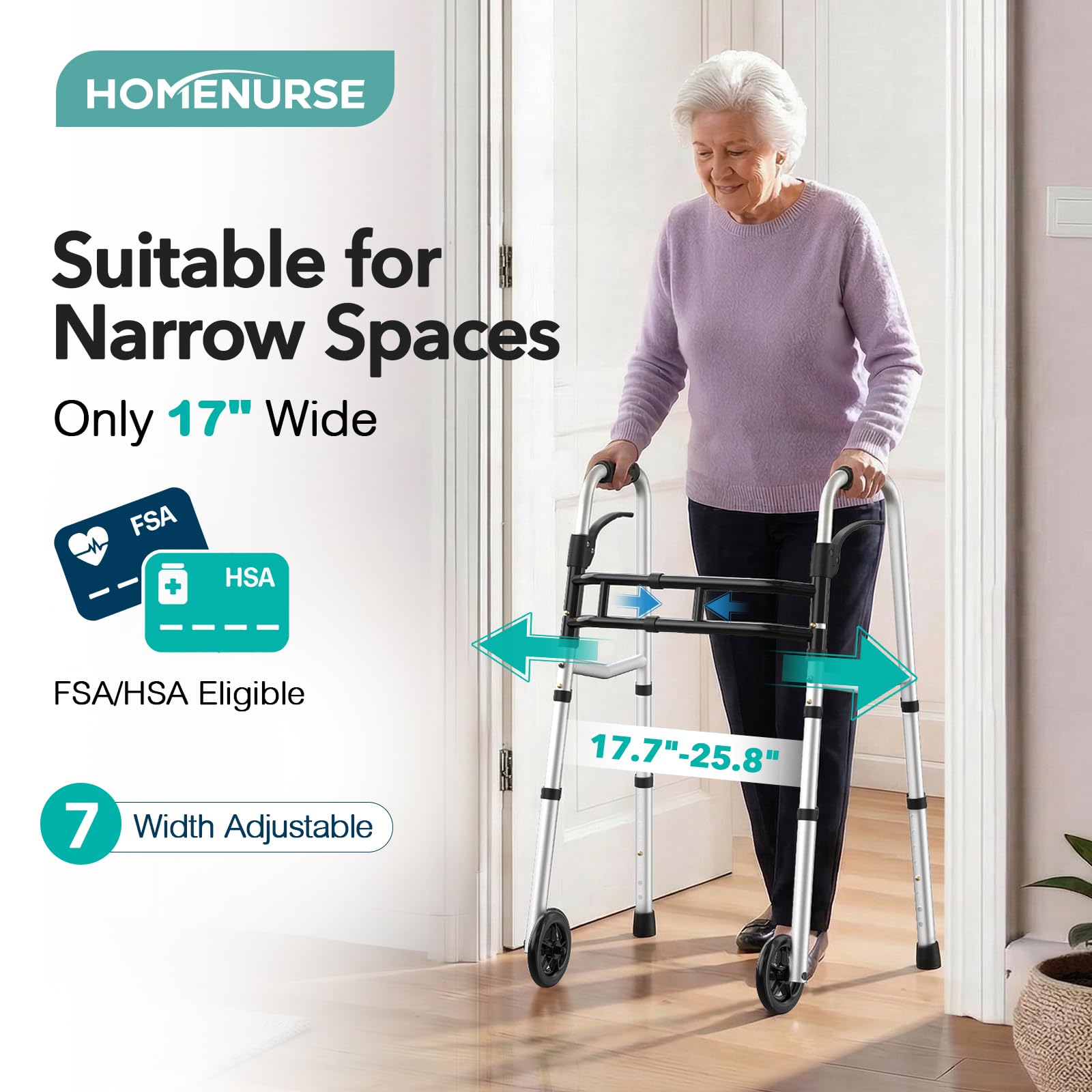 HOMENURSE Z3 Folding Walkers for Seniors w/Skis, Width & Height Adjustable — Amazon image 2