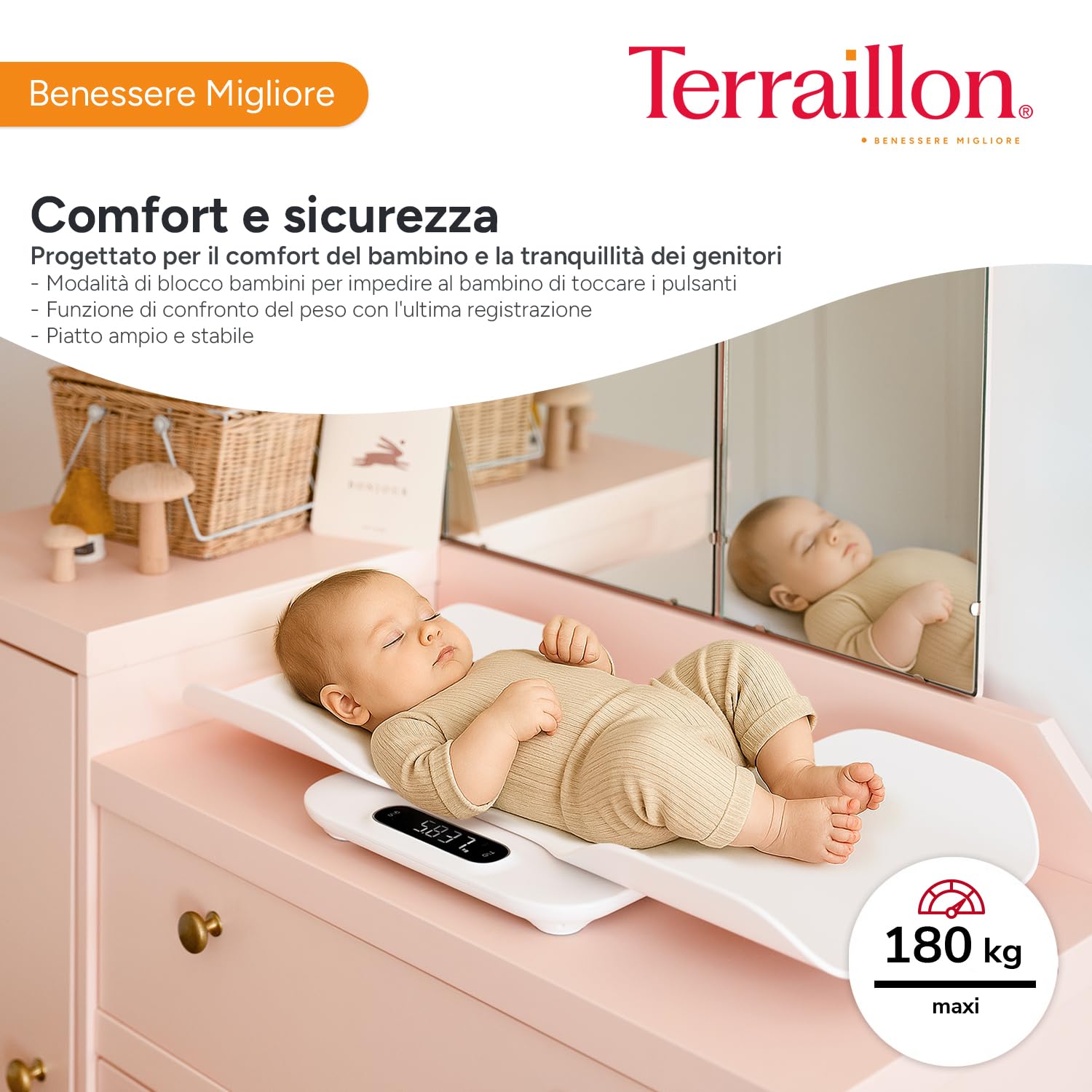 TERRAILLON - BABY FIT - Pesa bambino 2 in 1 elettronica, navicella staccabile, funzione confronto peso, blocco bambino, gradazione 5-10-15 g, capacità 180 kg copertura inclusa, bianco