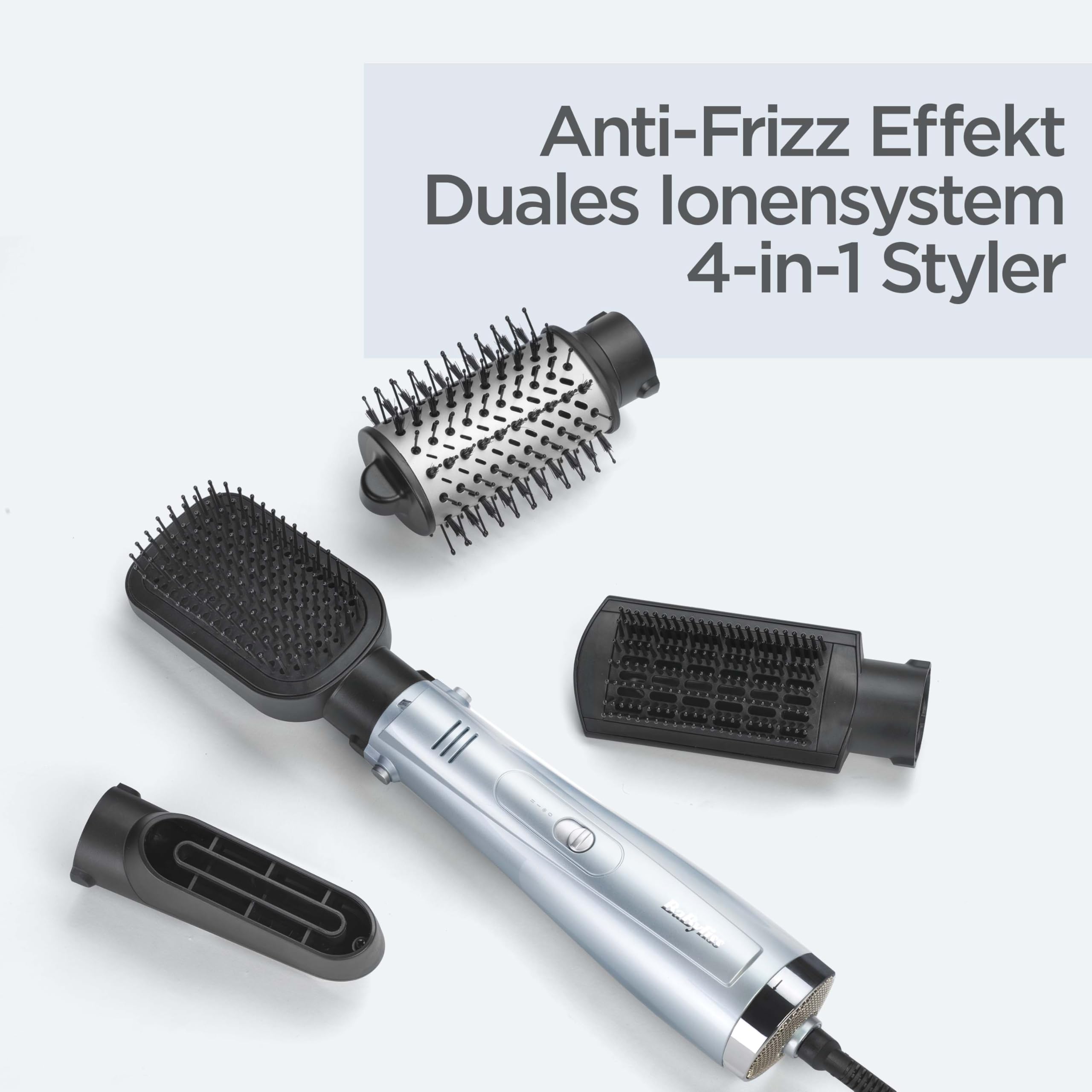BaByliss Hydro-Fusion 4-in-1 Warmluftbürste – 1000W Anti-Frizz Föhnbürste, Ionen-Technologie, Trocknen, Glätten, Kämmen, Formen in einem Schritt, Blau, AS774E