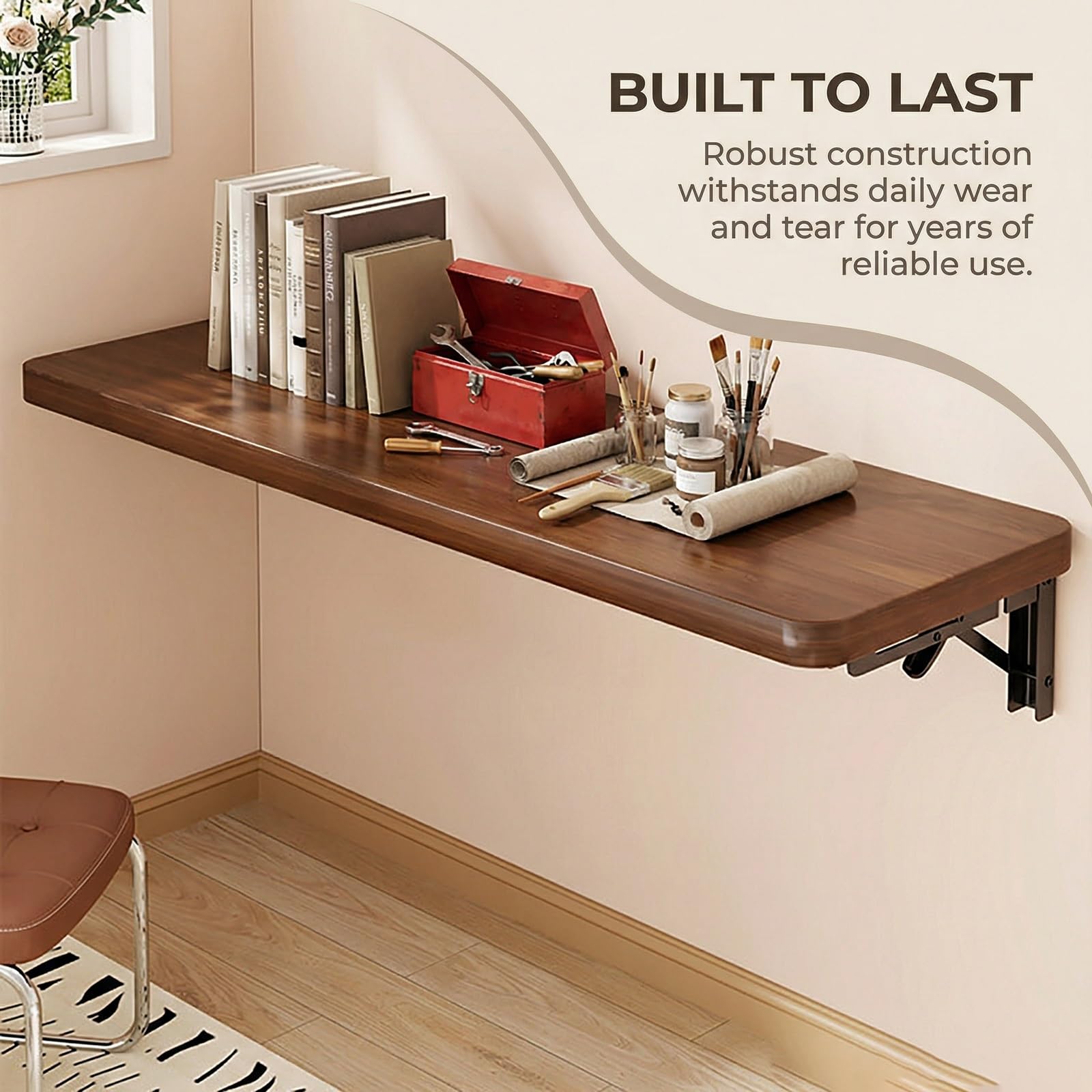 Mesa plegable montada en la pared, escritorio flotante de madera, estante plegable para espacios pequeños, mesa plegable con soportes plegables de metal para lavandería, oficina, cocina