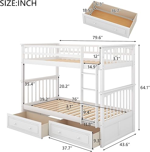 Miniatura 2 de MOEO Litera individual sobre individual con cajones y escalera convertible en 2 marcos de cama para niños adultos dormitorio fácil de montar no