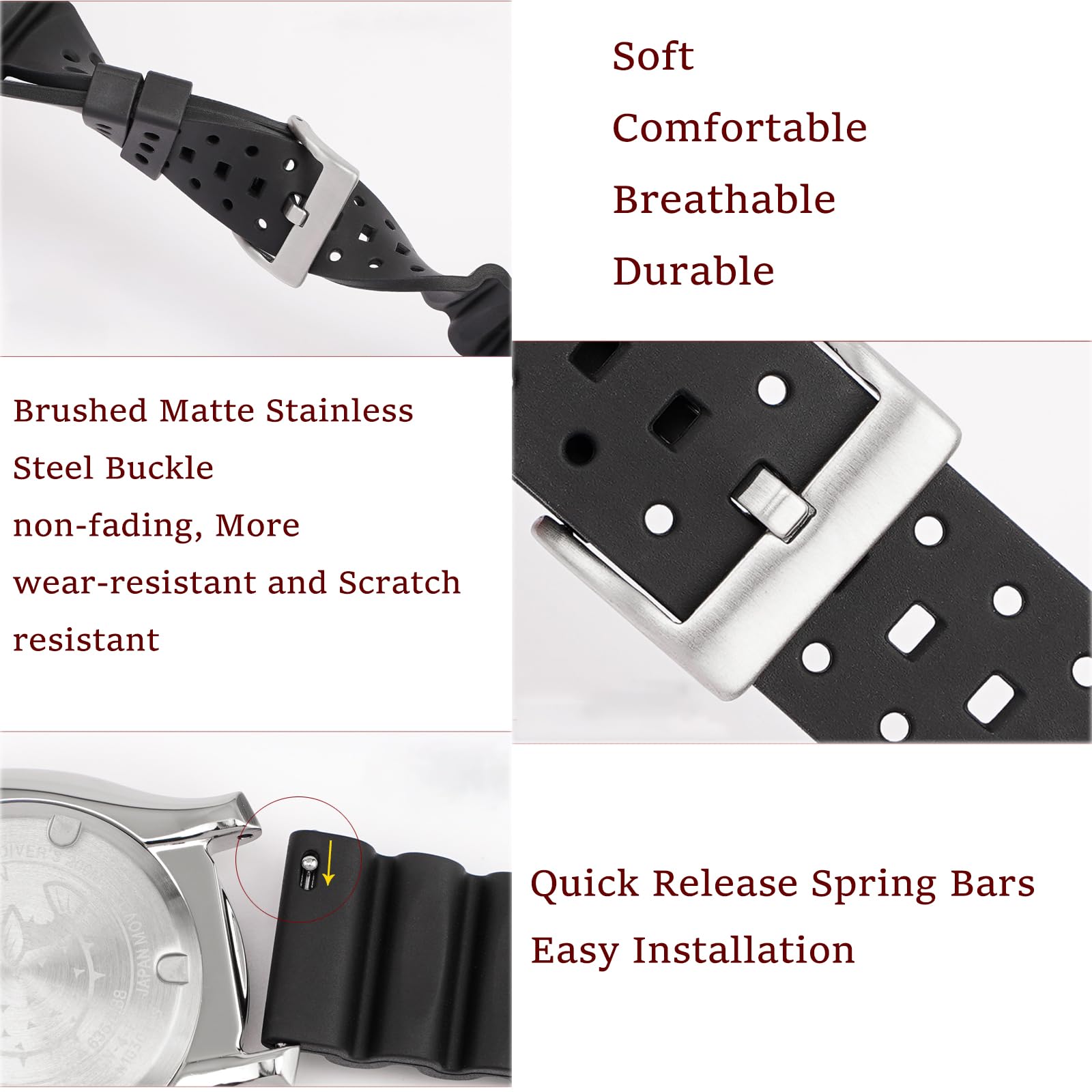 Bracelet de Montre FKM Caoutchouc Fluoré Libération Rapide Ventilé Durable Fluorocarbone Bande de Remplacement 18mm 20mm 22mm 24mm pour Montres de plongée Homme & Femme