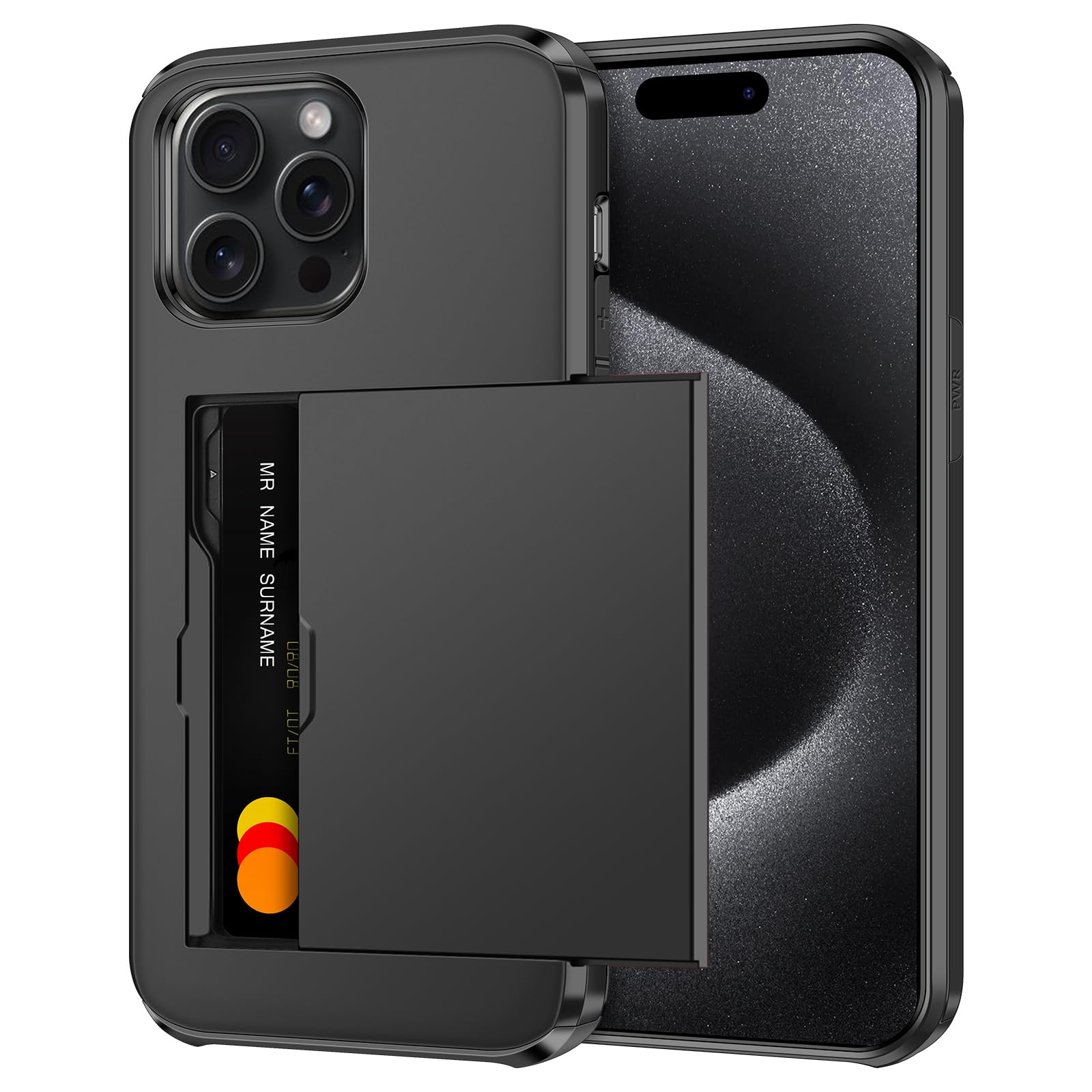 Militär-schockgeschützte IPhone 15 Pro Hülle Mit Kartenfach & Ständer – Platz Für 4-5 Karten, Mattes Twill-Design