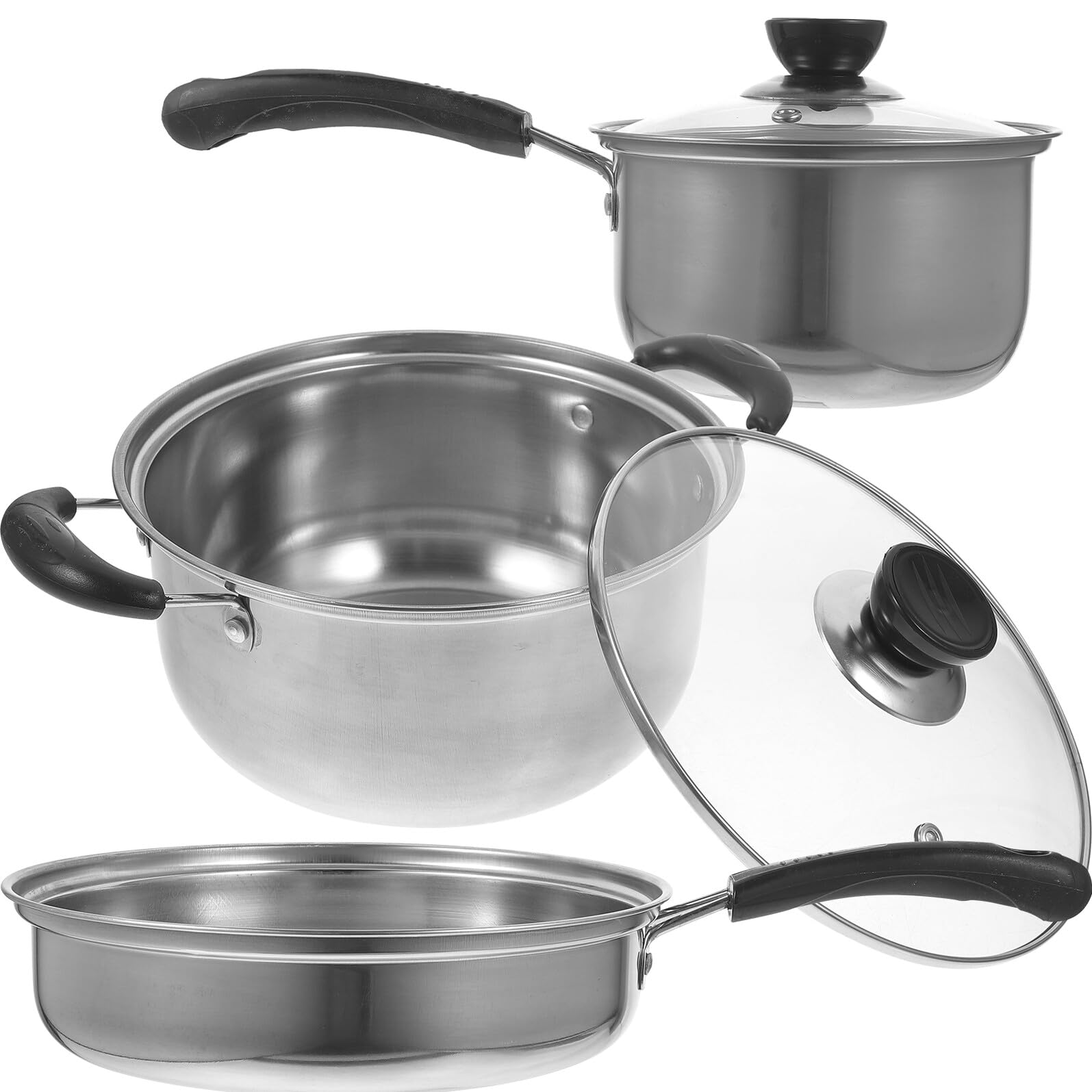 Lurrose Set da Cucina 3 Pezzi in Acciaio Inossidabile Resistente Pentola, Padella Anti Deformazione e Maneggevole, la Preparazione di Zuppe e Fritture