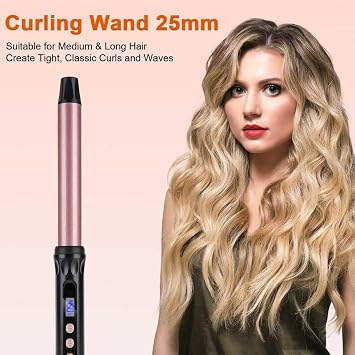 Curling Wand 25mm Tourmaline Ceramic Barrel Hair Curling Wand for Medium to Long Hair, Clamp-Free, Adjustable Temperature, Dual Voltage Professional Hair Curler Iron for Long-Lasting Waves