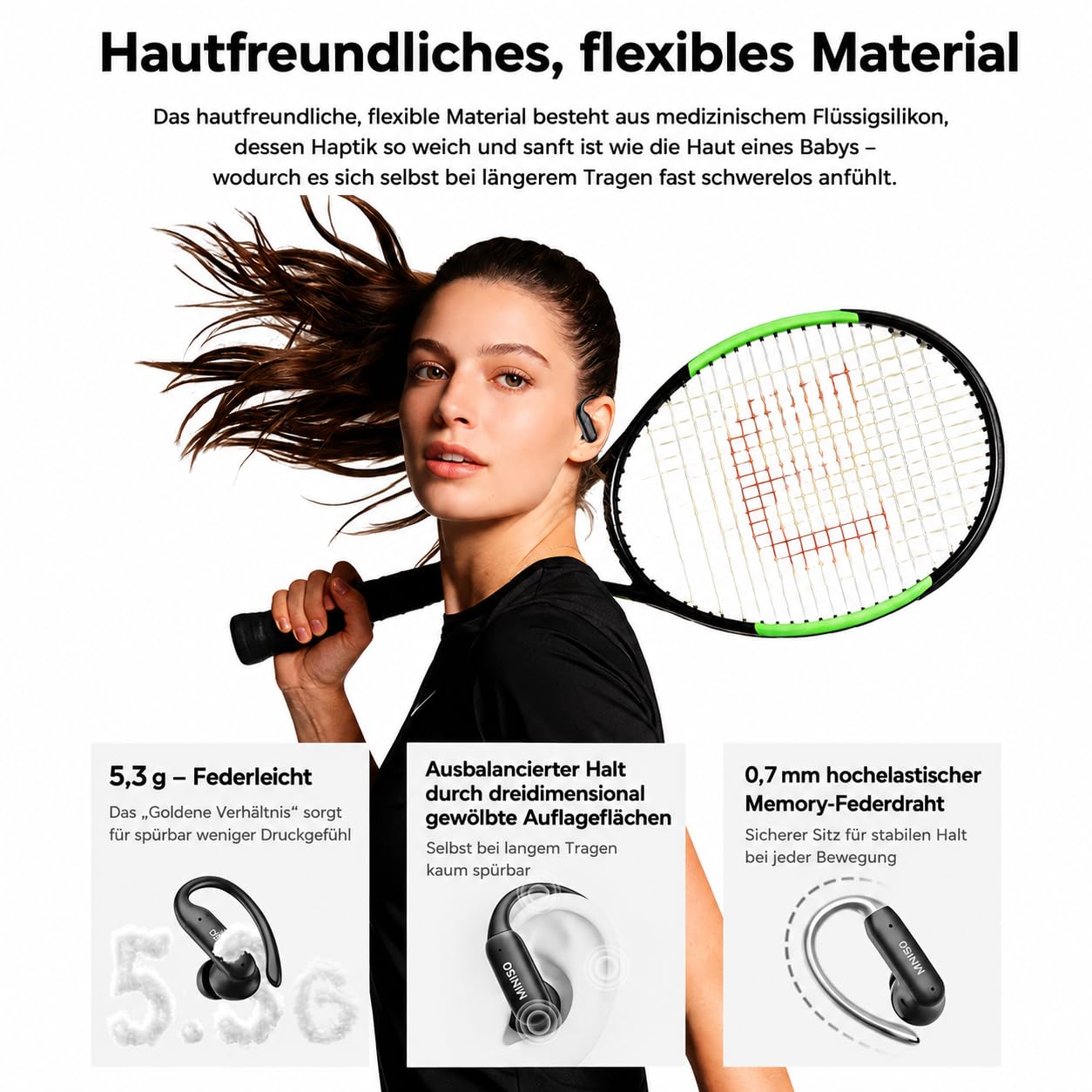 MINISO MS219 Kopfhörer Sport 2026 Neueste, Ohrhörer Bluetooth 6.0 mit Ohrbügel, In Ear Kopfhörer Bluetooth Sport, 48h Akkulaufzeit mit 10-Min-Schnellladung, IPX5 Wasserdicht für Laufen Fitness Arbeit