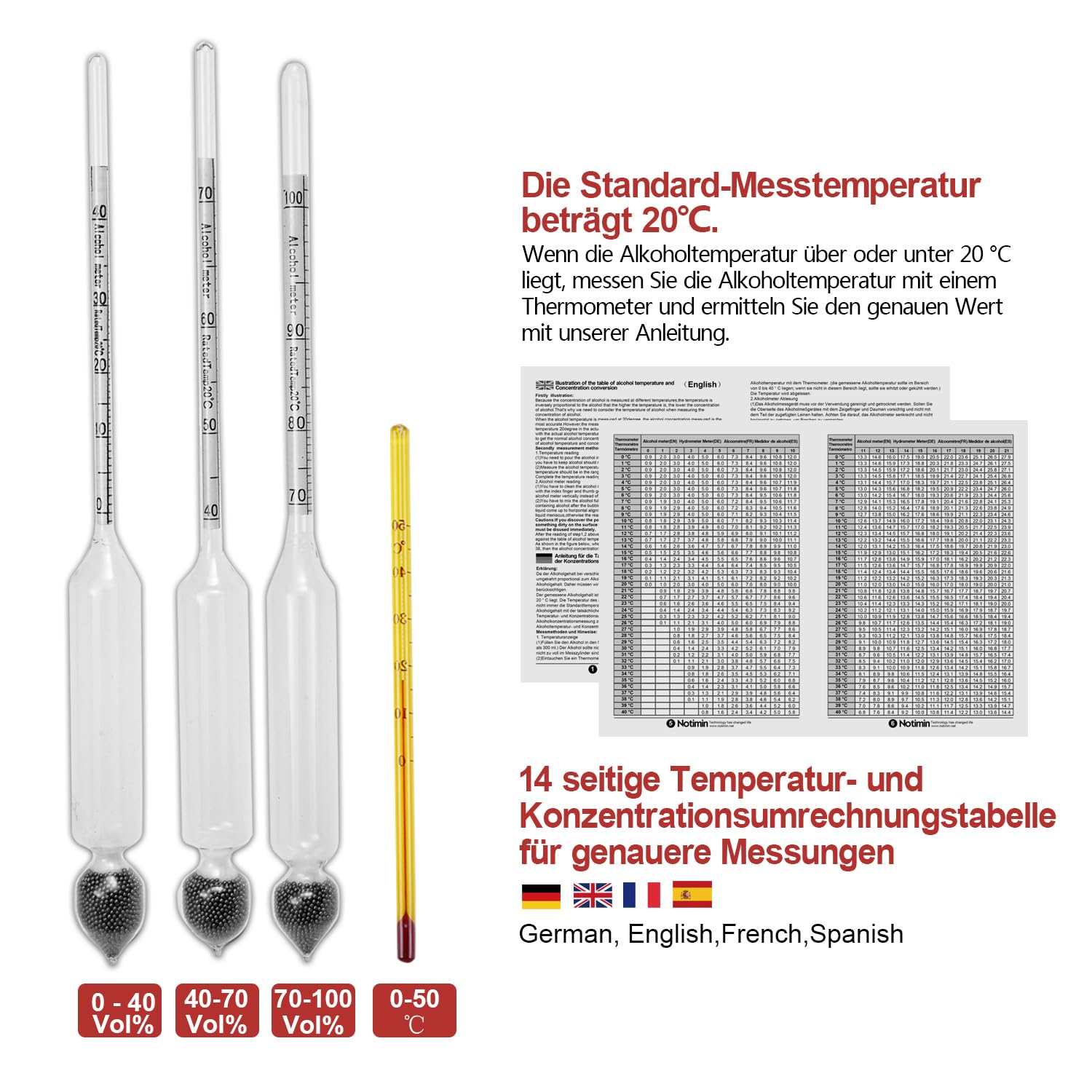 alcolometro 3 Pezzi 0-100Vol% di idrometro Alcoholmeter Tester Set Alcohol Vinometer + Termometro, per Grappa, Distillati,Whisky, Brandy, Wodka, Spirito