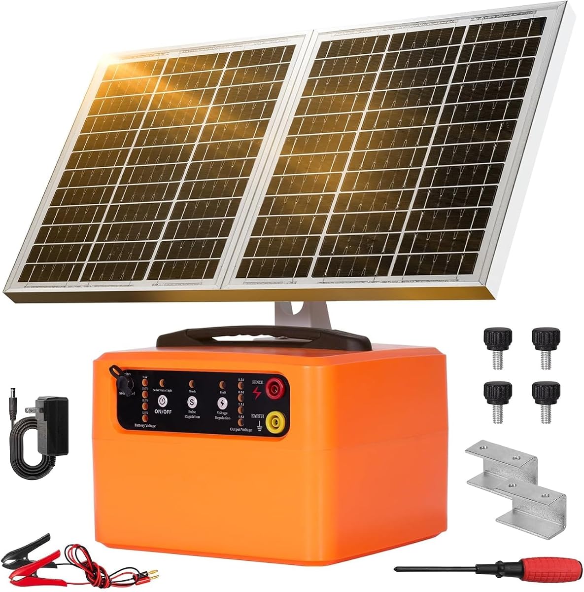 30 Miles/48km Solar Electric Fence Charger,15W Solar Powered Fencer with Adjustable 6KV to 12KV Output (0.3J-1.5J),Battery Level LCD Display,All-Weather Kit for Livestock,Deer,Farm,Yard