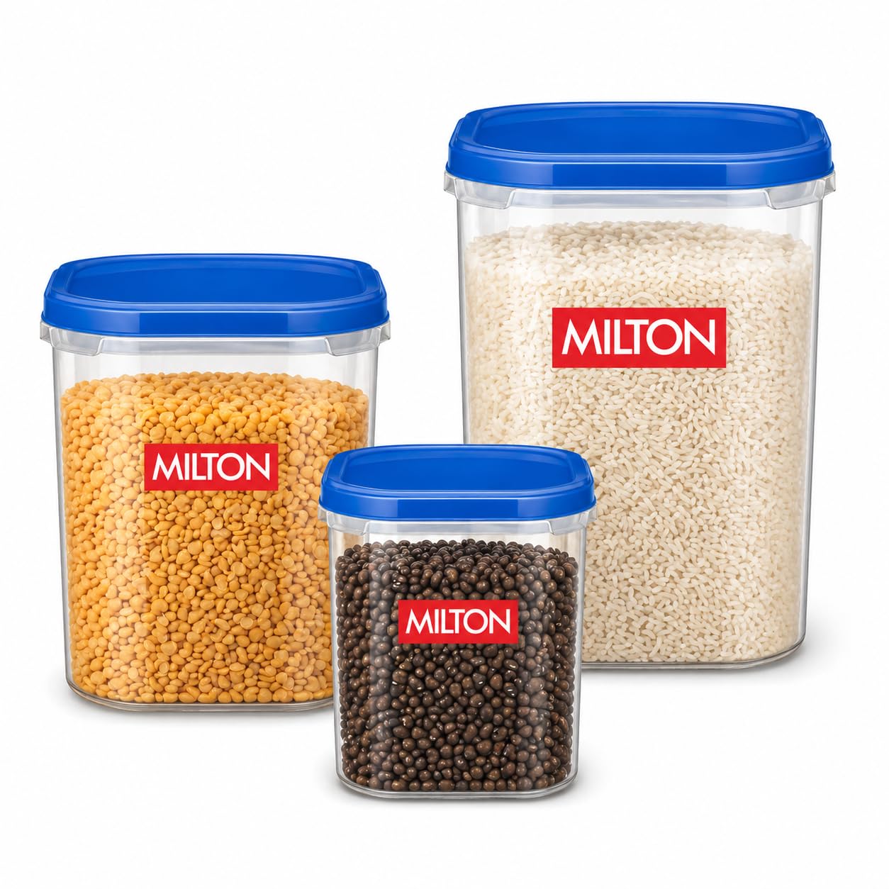 MILTON Quadra Modular Multi-Purpose Plastic Containers with Lid, Set of 3 (1.8L, 2.7L, 3.7L) Kitchen Storage Container Set for Spices, Atta, Grains Organizers, Transparent Dabba, Blue