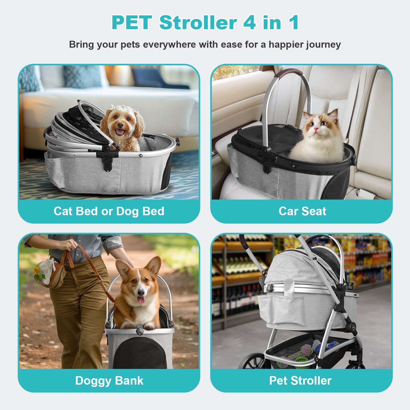 DAISTERN Passeggino per Cani 4 in 1 fino 25 Kg,Telaio in alluminio anodizzato 100% pieghevole,ruote gomma schiumosa 360°,Staccabili,adatto per cani e gatti di medie e piccole taglie, Grigio