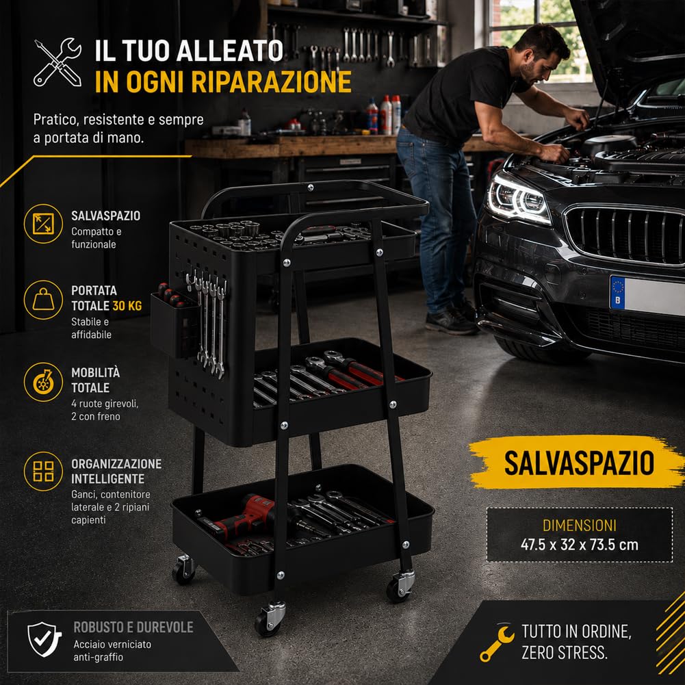 Carrello da Officina Portatile con Ruote Piroettanti in Acciaio Verniciato, Carrellino Salvaspazio 3 Ripiani da Lavoro per Attrezzi con Ganci e Portaoggetti, Organizer per Garage, Nero