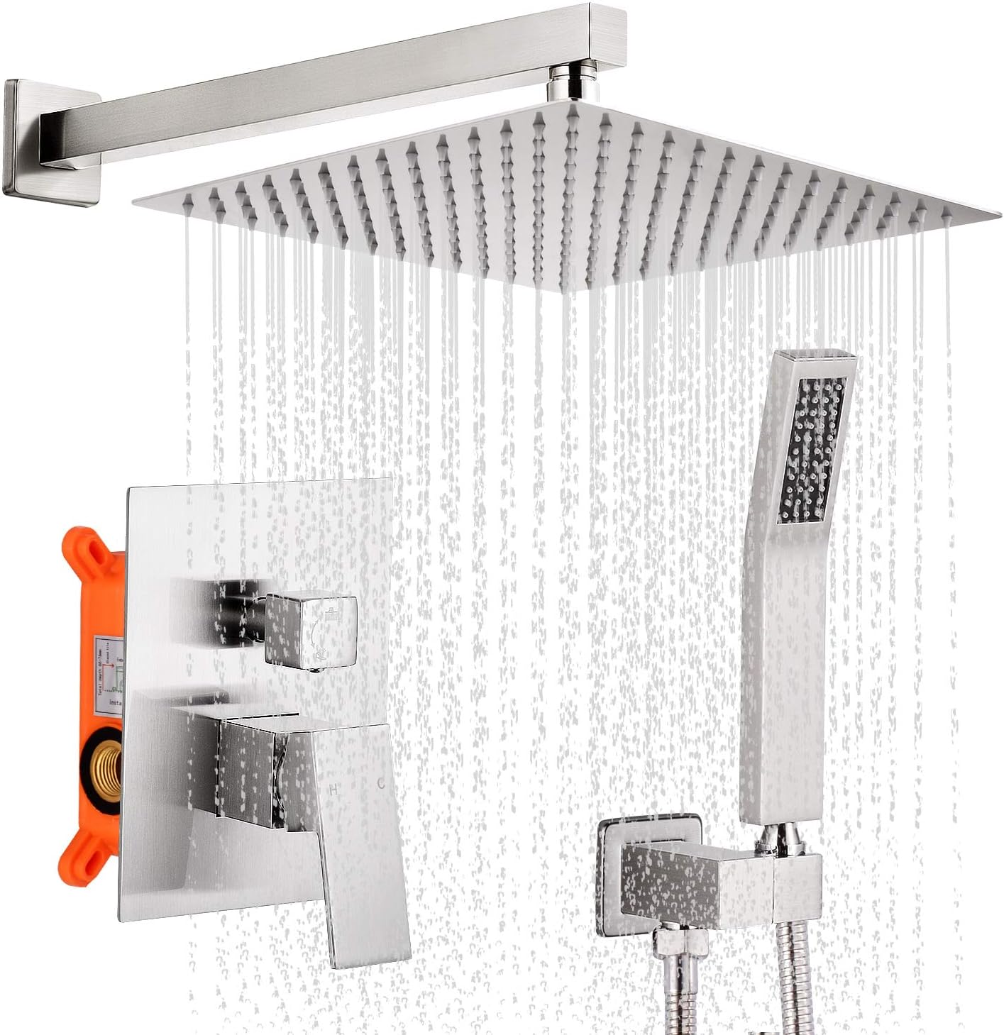 Qomolangma12 inches Bathroom Rain Shower Set with Pressure Balance Valve,Wall Mounted 2-Functions Shower Head System with Handheld Shower, Rough-In Valve Body Incuded,Brushed Nickel