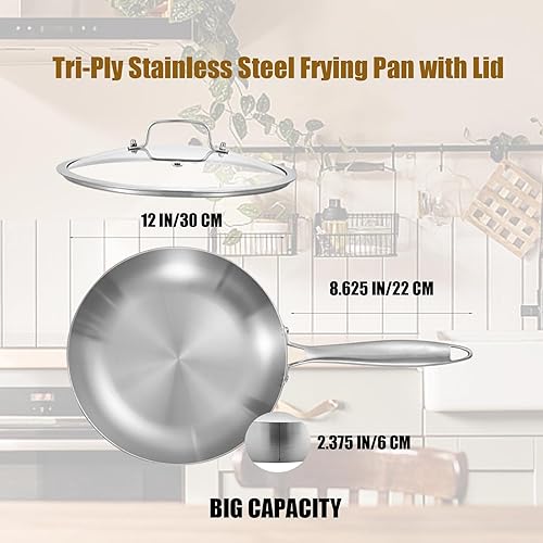 Miniatura 7 de Sartén de chef de acero inoxidable 188 de tres capas de 12 pulgadas, sartén con tapa, sartén, sartén de inducción, juego de olla y sartén, apta para