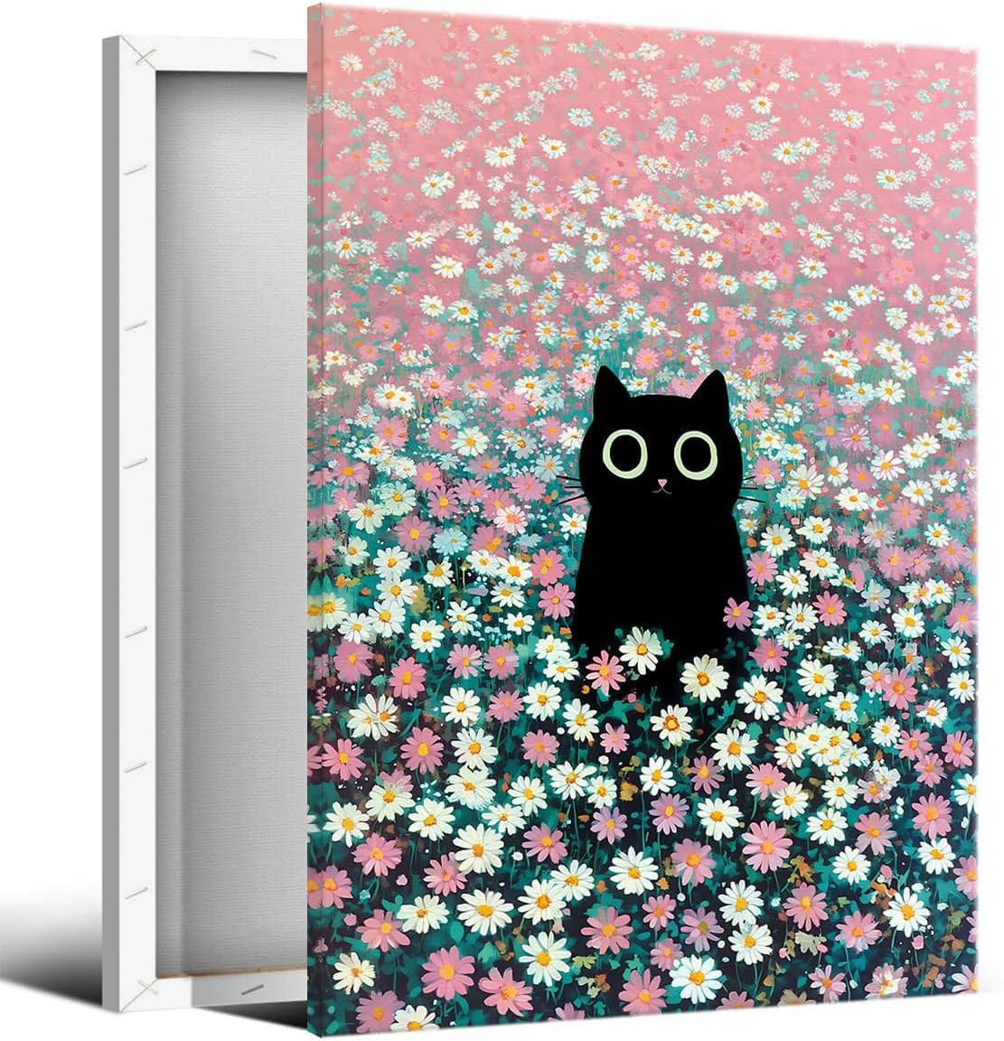 Black Cat Canvas Wall Art, Cute Cat In Daisies Meadow Poster, Adorable Animal Picture, Pink White Flowers Print Painting for Bedroom, Nursery Wall Decor Pet Lover Gift 12x16in Wrapped Canvas