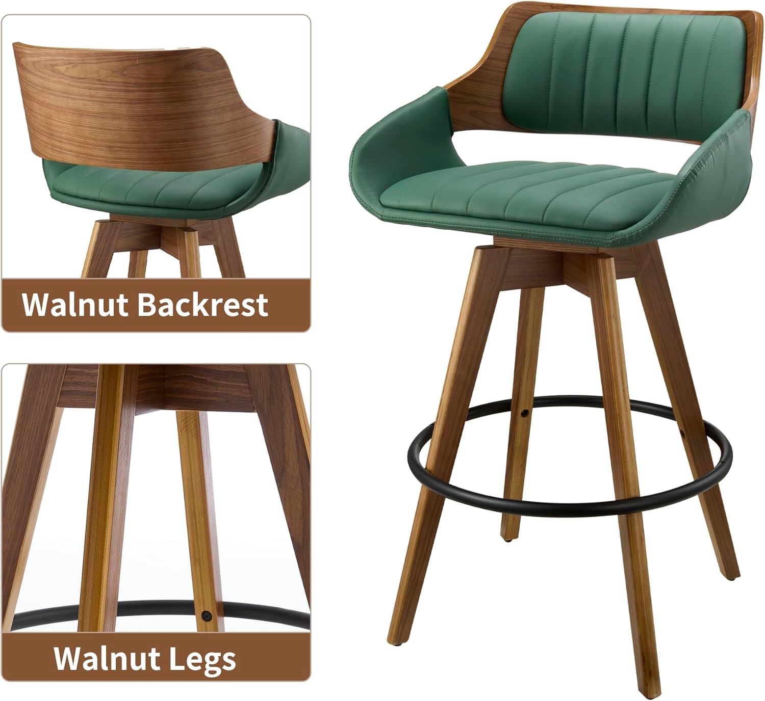 VipDesk 26" Bar Stools Set of 2, PU Leather Counter Height Bar Chairs with Back, Modern Mid-Century Swivel Barstools for Kitchen Island, Dining Room, Home Bar and Lounge, Green