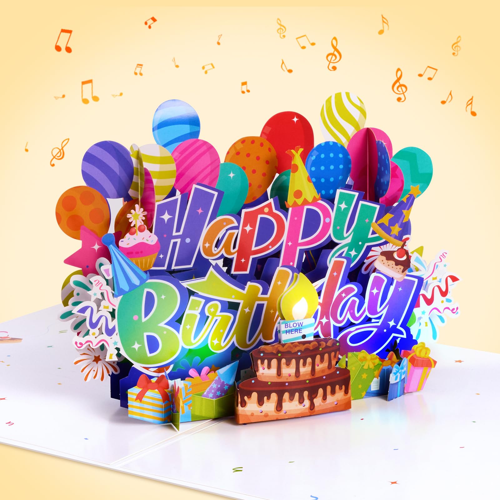 Kittenice Musical Birthday Card with Blowable LED Candle, 3D Cake, Pop Up Birthday Gift Card with Envelope, White Happy Birthday Decoration, Music Greeting Card for Women, Men, Friend, Kid, Girl, Boy