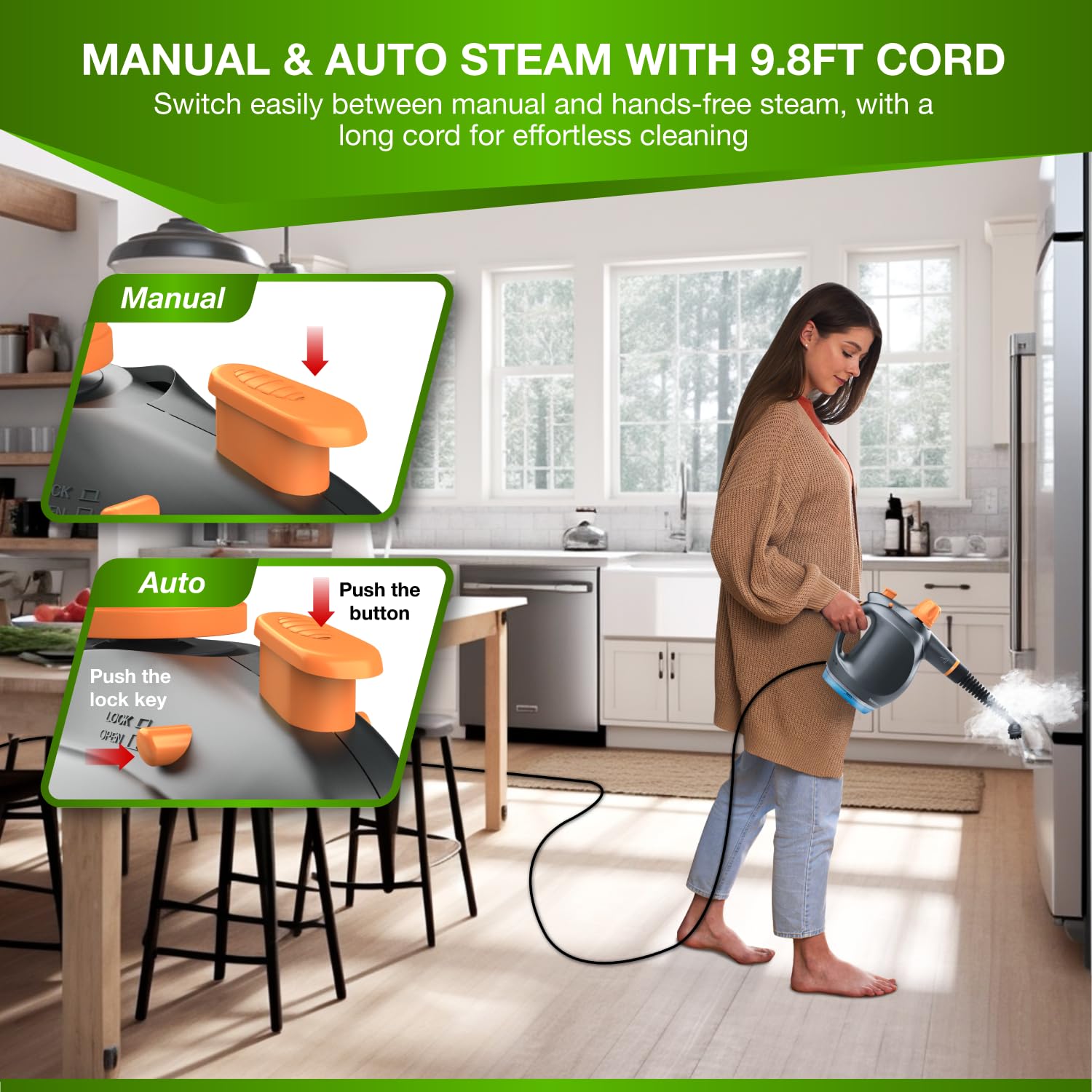 Gearwiz Pulitore a vapore portatile con contenitore detergente - Vapore multiuso ad alta pressione da 1250 W - Blocco vapore continuo, serbatoio grande, blocco di sicurezza - per casa, cucina, bagno