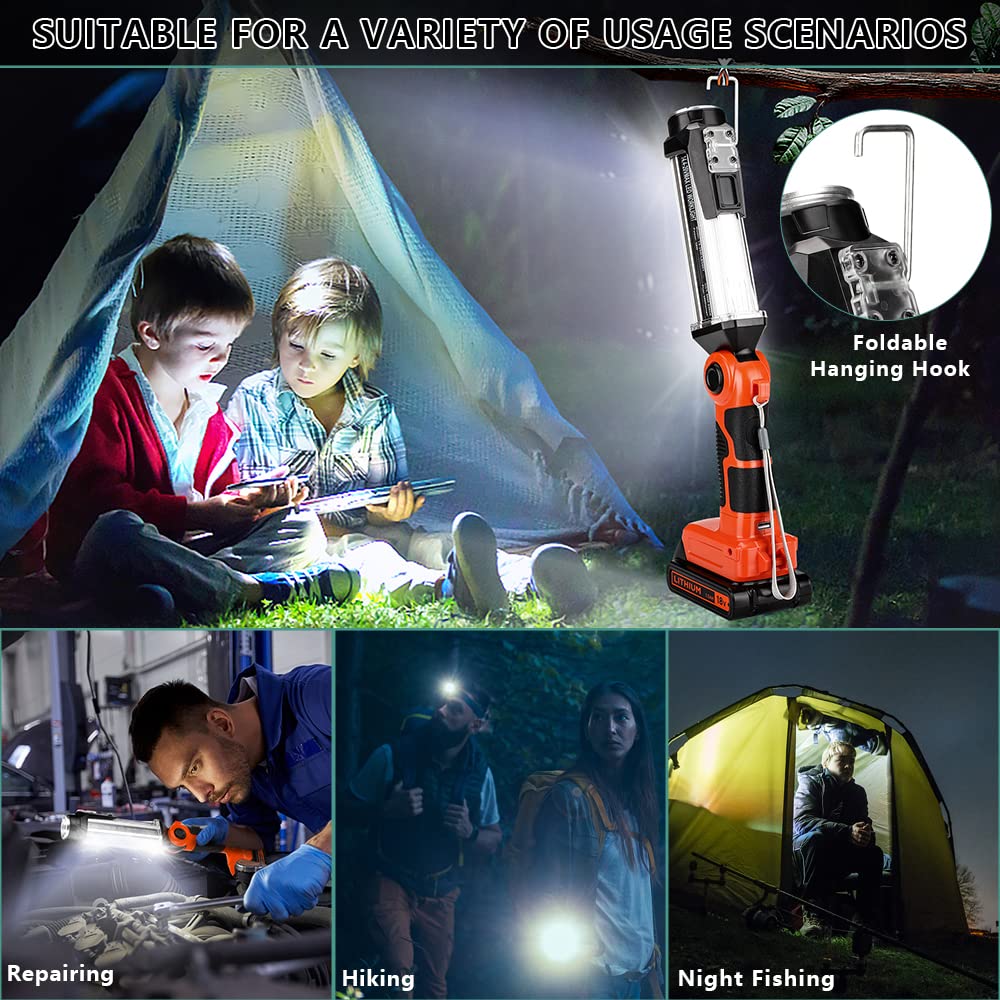 Black & Decker - Lampada da lavoro a LED senza fili per batteria agli ioni di litio da 20 V, 35 W, 2000 lm, portatile, con gancio, girevole a 90°, per riparazioni auto, illuminazione cantiere,
