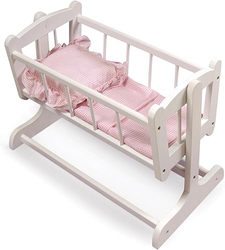 Badger Basket Cama de muñeca estilo reliquia de juguete con ropa de cama a cuadros para muñecas de 20 pulgadas, blancorosa