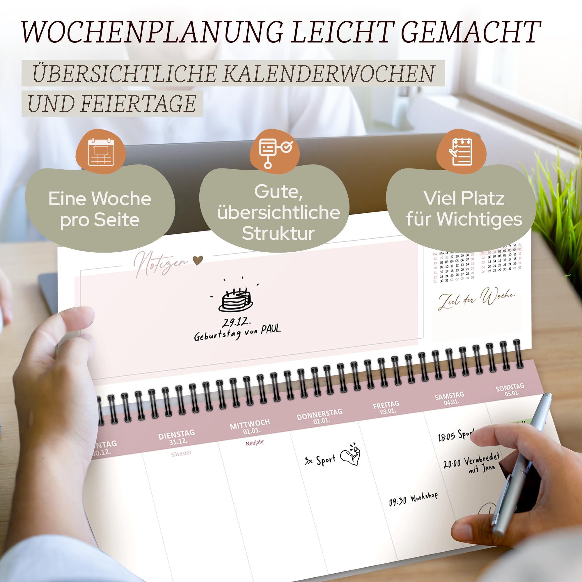 KIND OF HAZEL Tischkalender 2025 Beige - Wochenplaner Mit To-Do Listen & Goldprägung