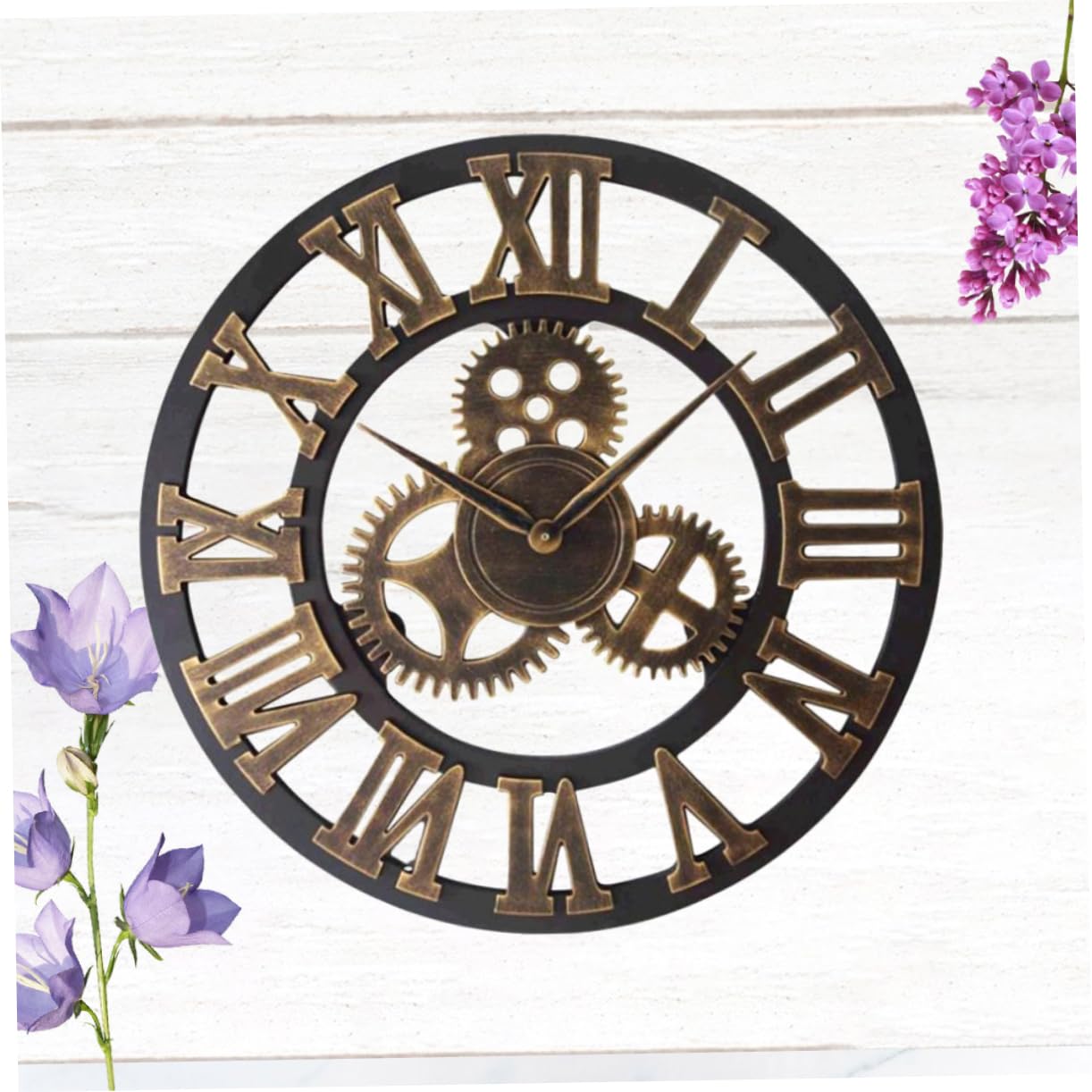 ERINGOGO Industrie Wanduhr im Vintage Stil mit Goldfarbenem Zahnrad Design Kreative Retro Hängeuhr für Wohnzimmer und Küche ohne Batterie 34cm Durchmesser