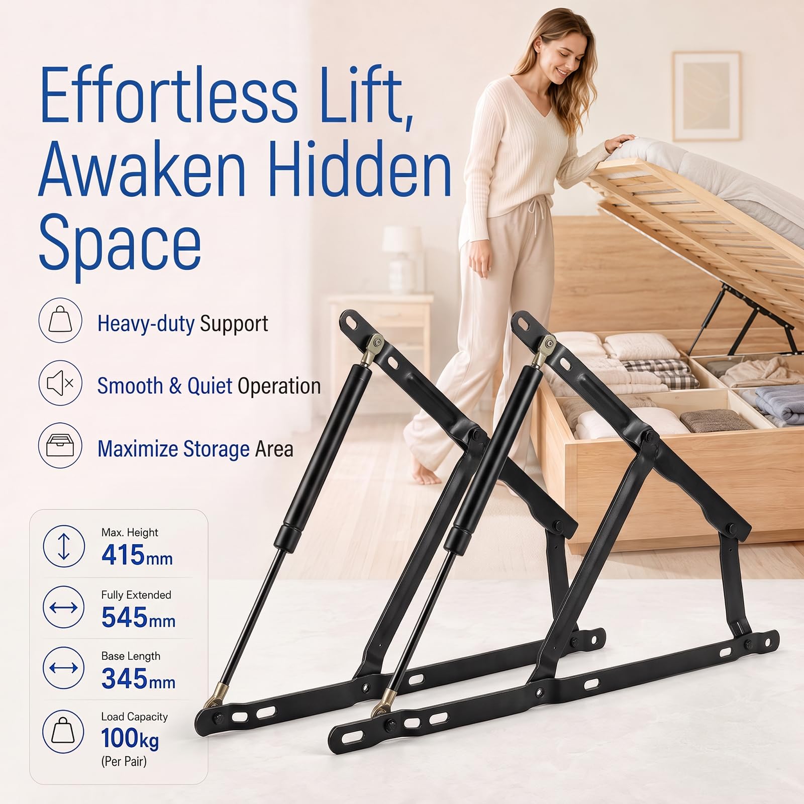 2 Stück Gasdruckfeder 900N/90kg, Gasdruckdämpfer Bettkasten Hebemechanismus, Schwerlast Hebescharniere für Bett mit Stauraum, Klappmechanismus Lift Up Feder, Stahl Möbelbeschlag für Sofa & DIY