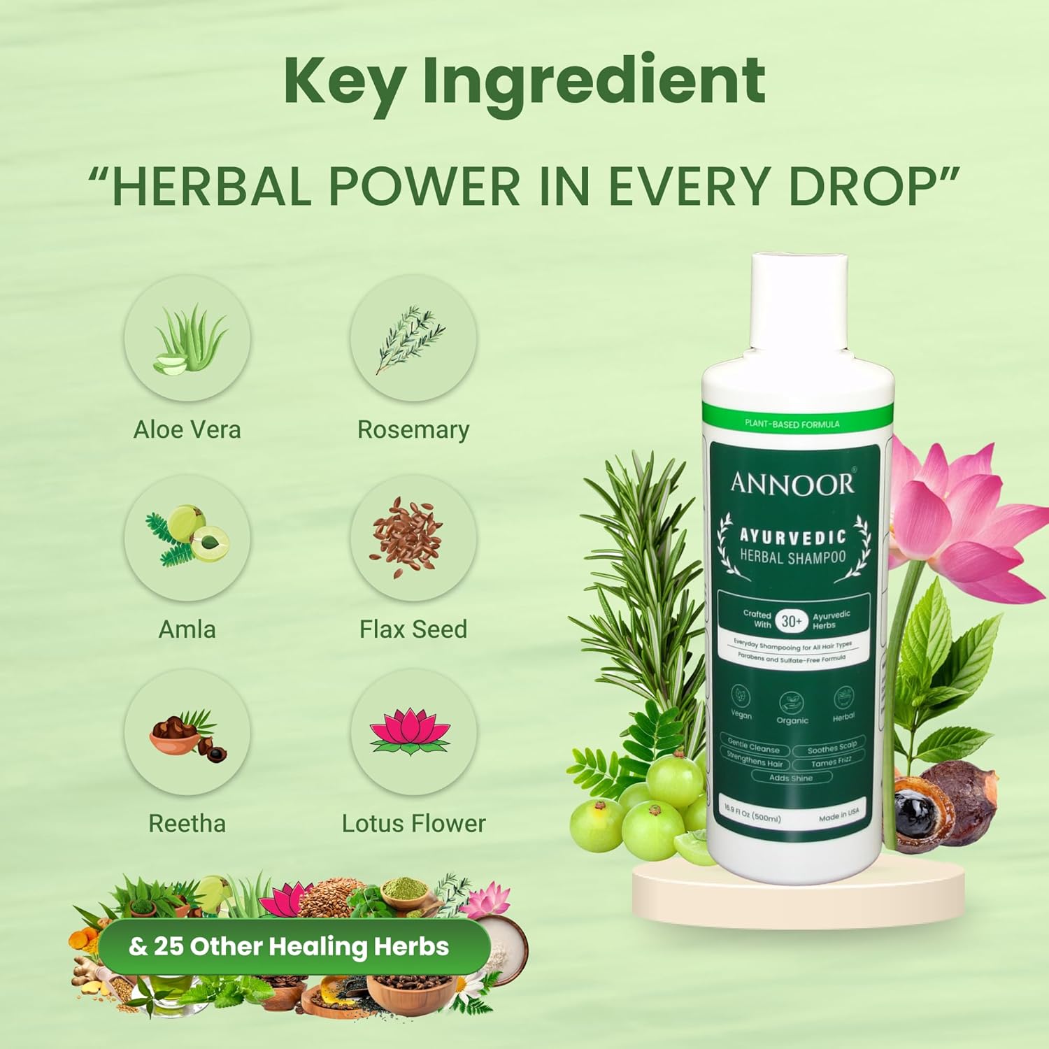 Ayurvedic Herbal Shampoo | Sulfate, Paraben & Silicone-Free | Plant-Based Vegan Formula with Amla, Reetha, Shikakai & 25 Herbs | Reduces Hair Fall | Soothes Itchy Scalp | Color-Safe 16 oz