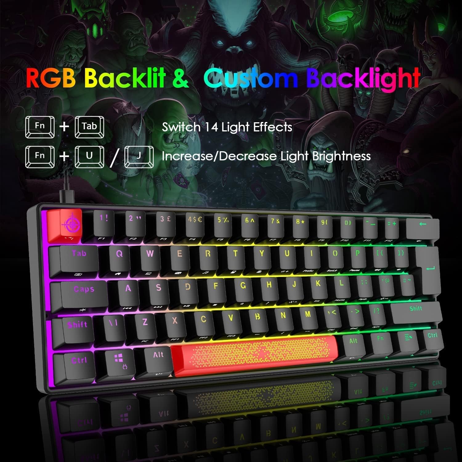 60% Mechanical Gaming Keyboard Mini Portable with RGB Backlit Full Anti-Ghosting 61 Key Ergonomic Metal Plate Wired Type-C USB Waterproof for Typist Laptop PC Mac Gamer (Black Mix/Blue Switch)