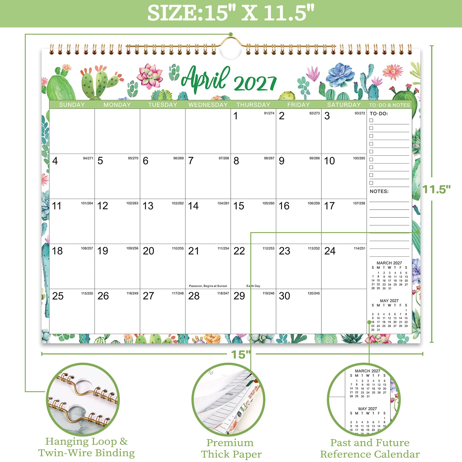 Kalender 2026 - Wandkalender 2026, Wandkalender 12 Monate, Januar 2026 - Dezember 2026, 38,1 x 29,2 cm, Doppeldrahtbindung + Haken zum Aufhängen + dickes Papier + Julianische Daten - Floral