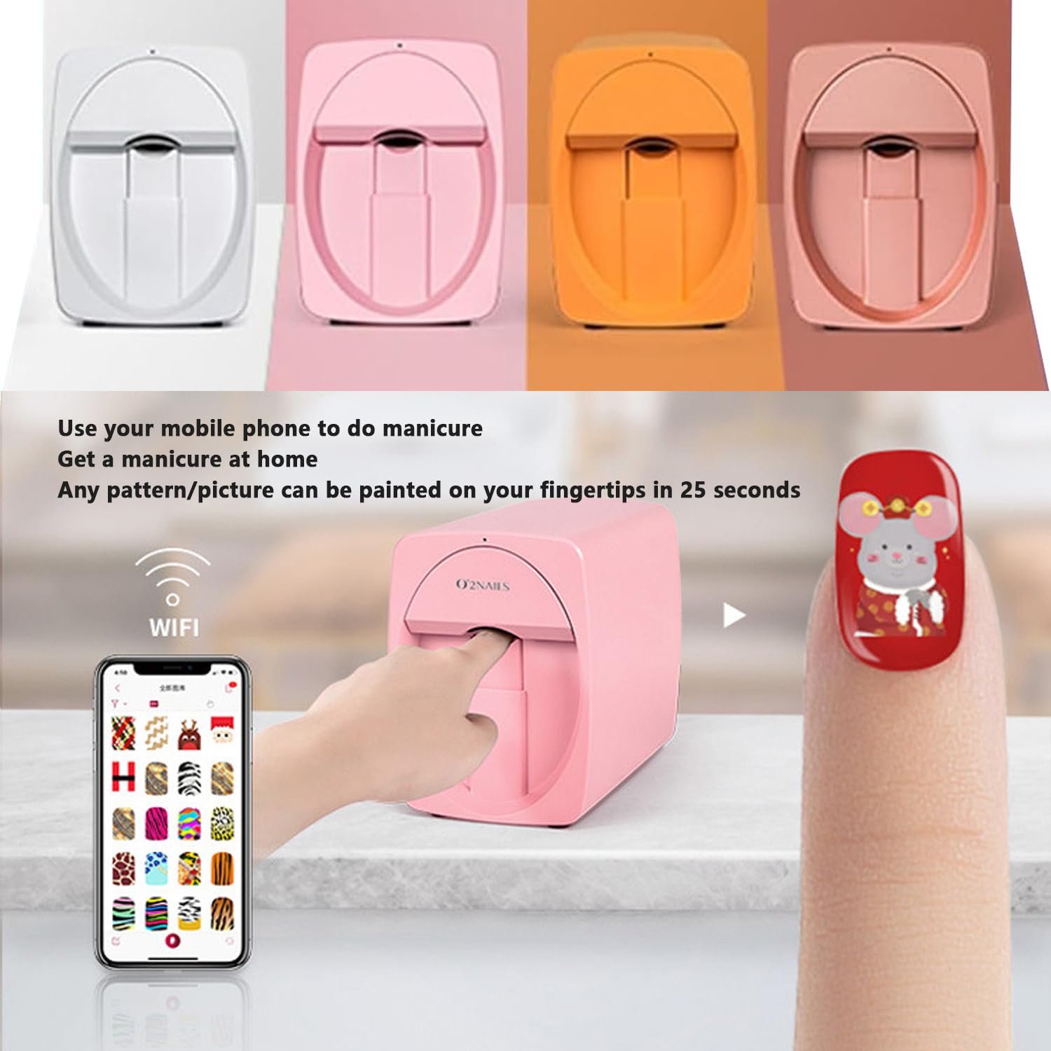 Stampante digitale per nail art mobile, stampante per nail art 3D, stampa rapida 25, controllo app, modello personalizzabile, stampa e asciugatura due in uno, adatta per saloni di unghie, bianco