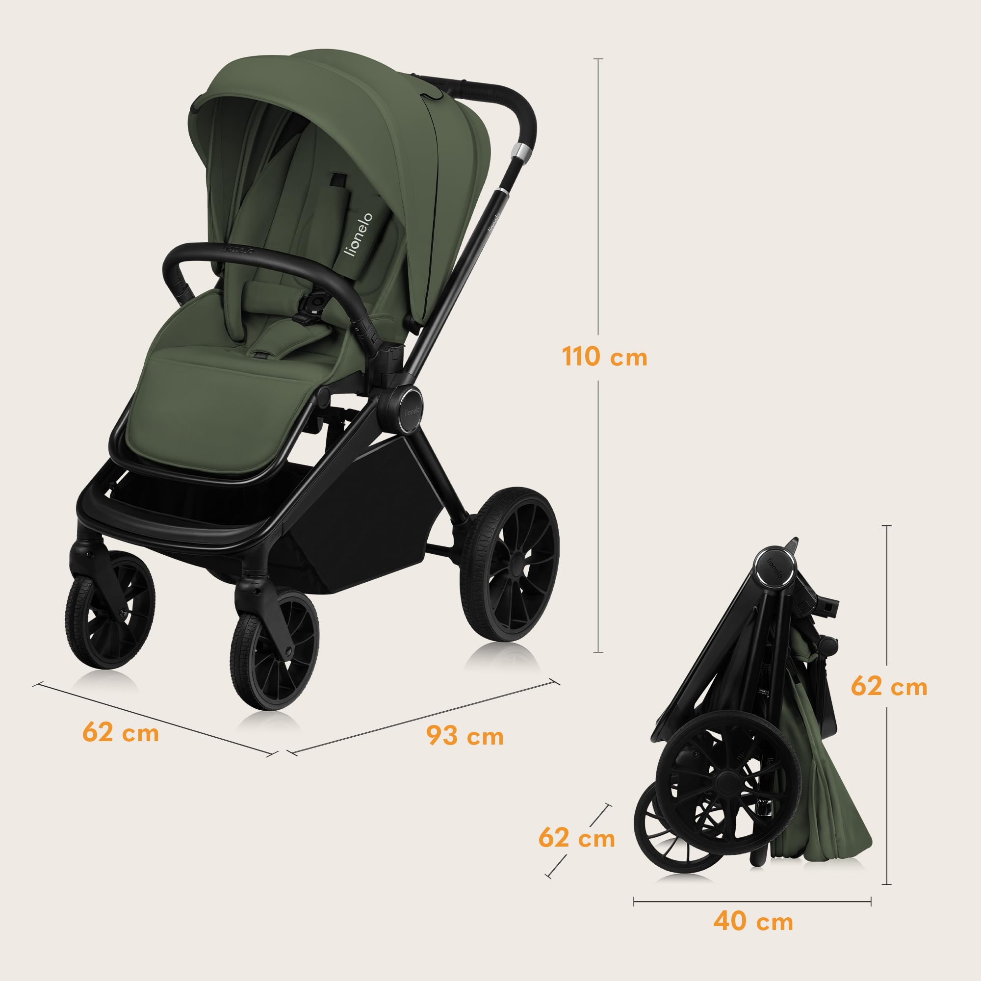 LIONELO MIKA PLUS 3in1 Passeggino Trio Neonati 0-48 Mesi 22kg Navicella 9kg Seggiolino Auto Ovetto 13kg