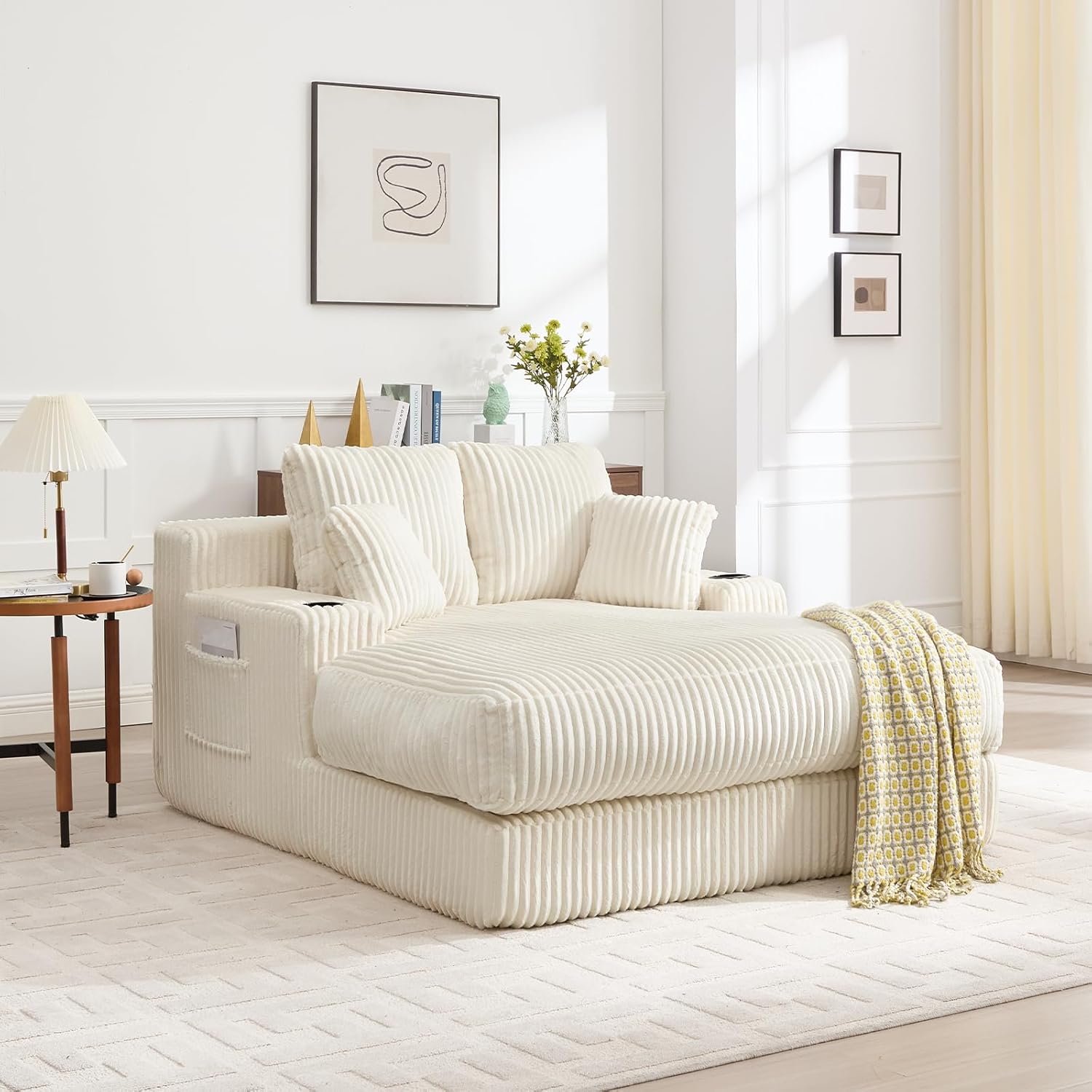 60" Oversized Chaise Lounge Chair Indoor, Boneless Cloud Chair Bed with 4 Pillows & Armrests, No Assembly Corduroy Upholstered Sofa for Living Room, Bedroom, Apartment(Beige)