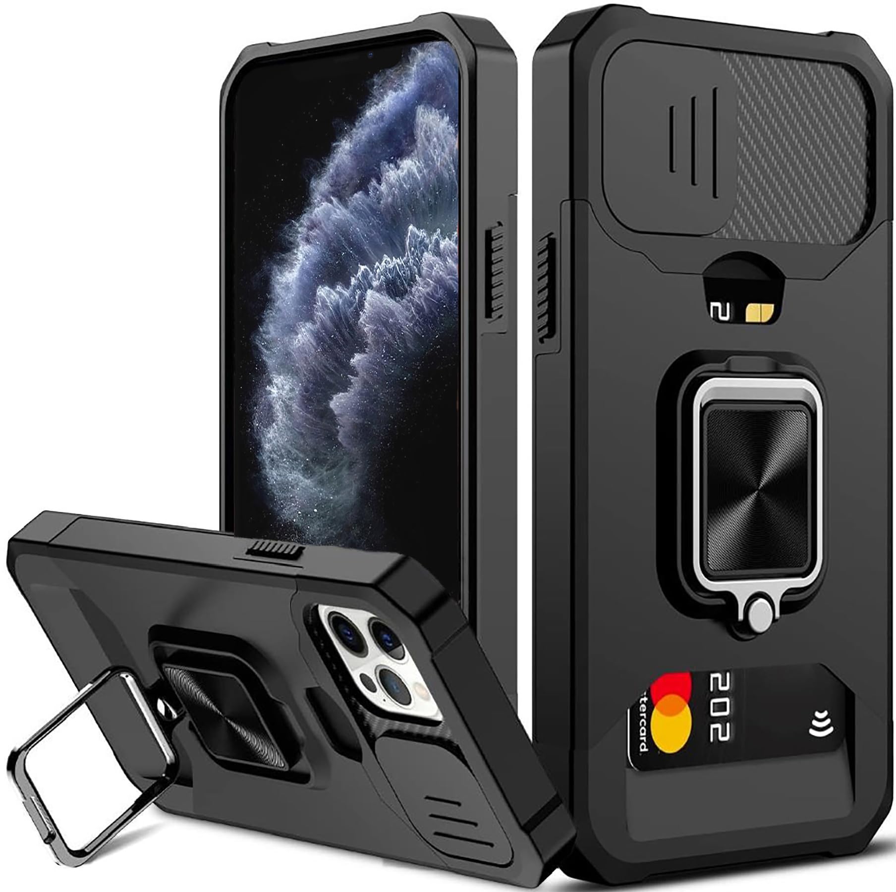 rojarou for iPhone 11 Pro Max Case with Card Holder and Slide Camera Cover,360° Rotate Ring Kickstand Heavy Duty Protective Phone Case for Apple iPhone 11 Pro Max Cover-Black