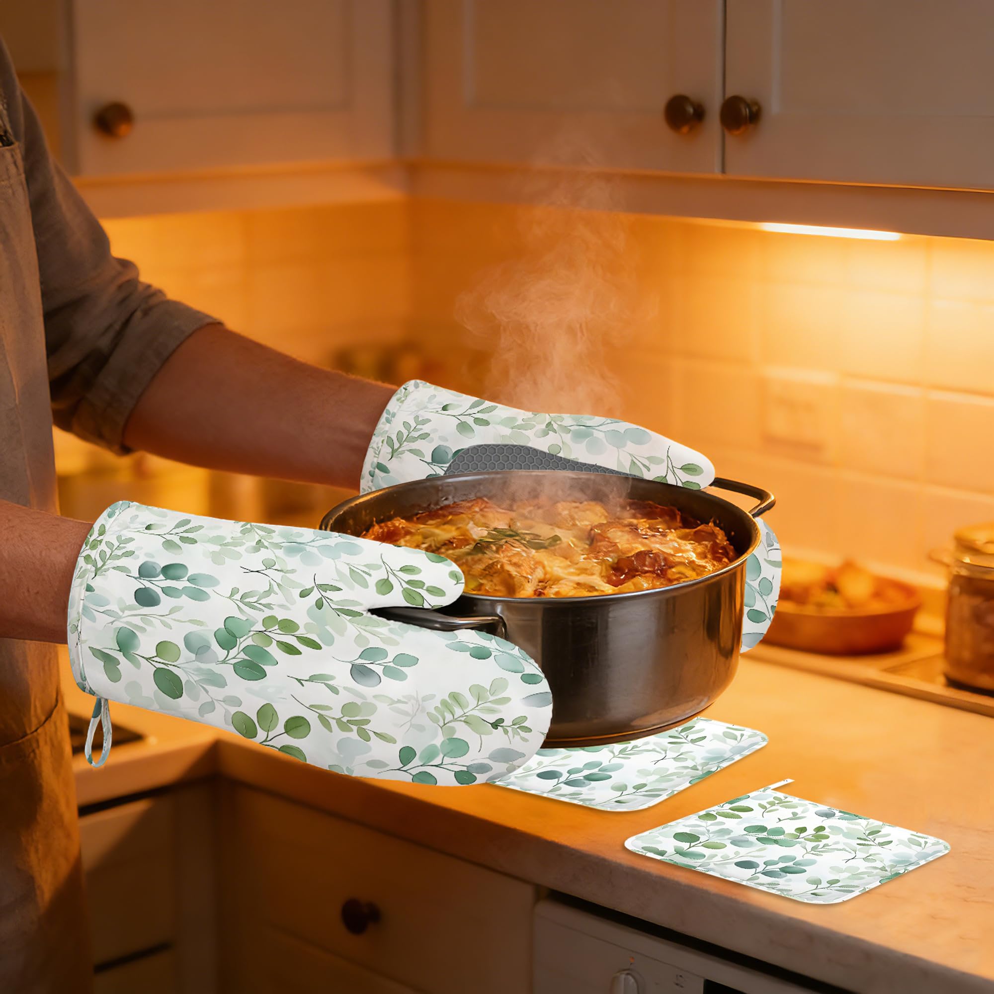 Juego de manoplas de horno y soportes para ollas, de hojas verdes de acuarela extralargas para cocinar, de algodón grueso, resistente al calor, utensilios de cocina para hornear, cocinar a la parrilla